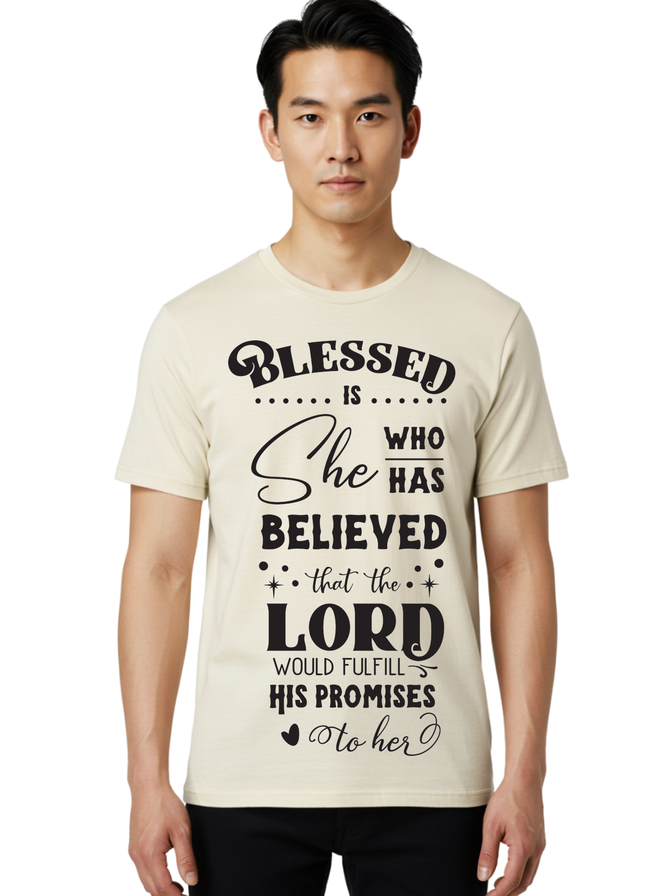 Blessed-Is-She Men'S Graphic Tee, 100% Cotton, Comfortable Casual Summer Wear, Machine Washable, Inspirational Quote, Motivational Saying, Faith-Based Message, Encouraging Words, Spiritual Guidance, Empowerment For Women, Christian Values, Aac528