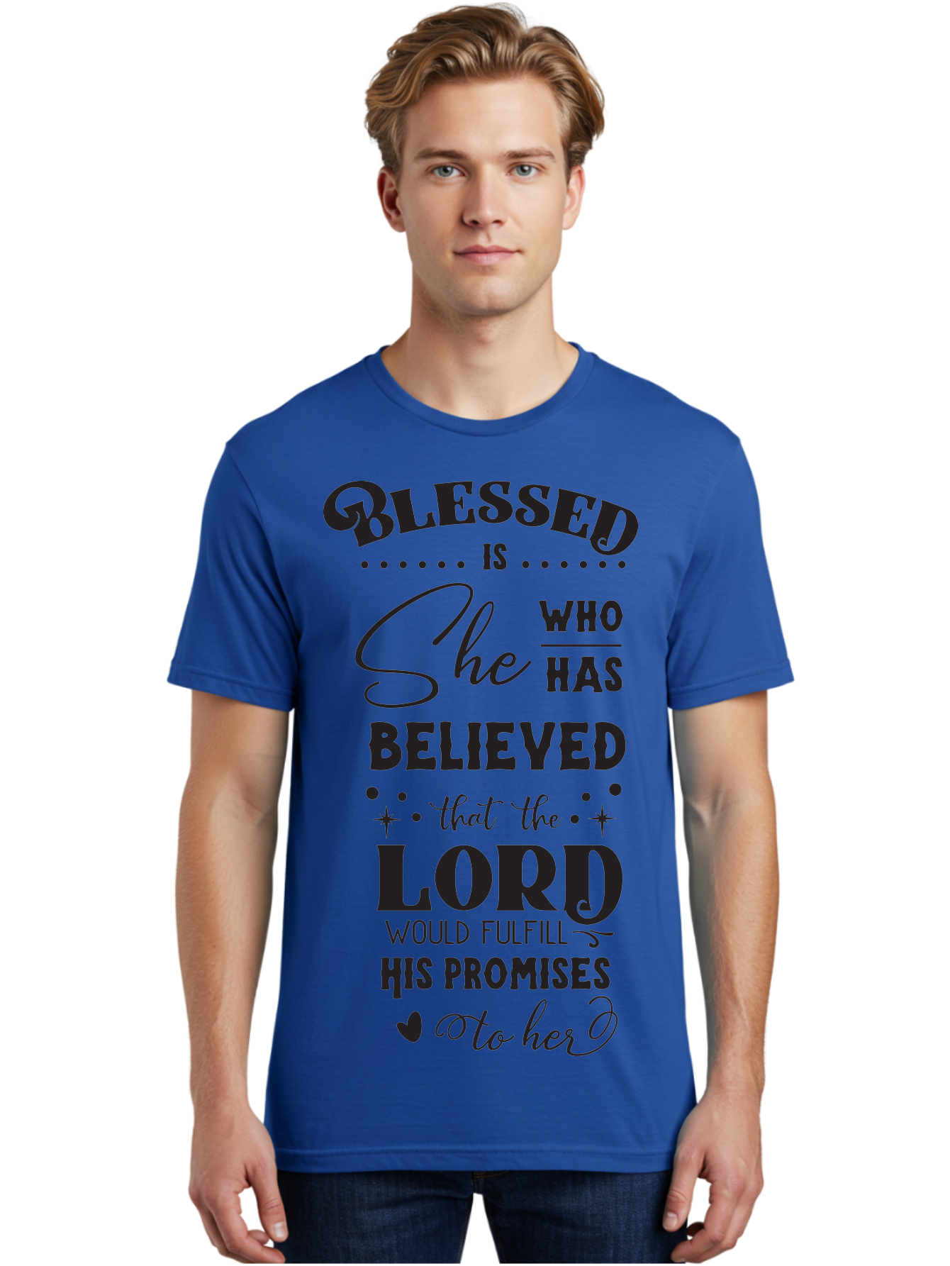 Blessed-Is-She Men'S Graphic Tee, 100% Cotton, Comfortable Casual Summer Wear, Machine Washable, Inspirational Quote, Motivational Saying, Faith-Based Message, Encouraging Words, Spiritual Guidance, Empowerment For Women, Christian Values, Aac528