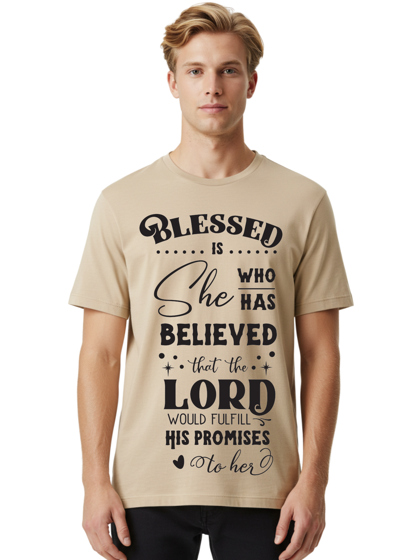 Blessed-Is-She Men'S Graphic Tee, 100% Cotton, Comfortable Casual Summer Wear, Machine Washable, Inspirational Quote, Motivational Saying, Faith-Based Message, Encouraging Words, Spiritual Guidance, Empowerment For Women, Christian Values, Aac528