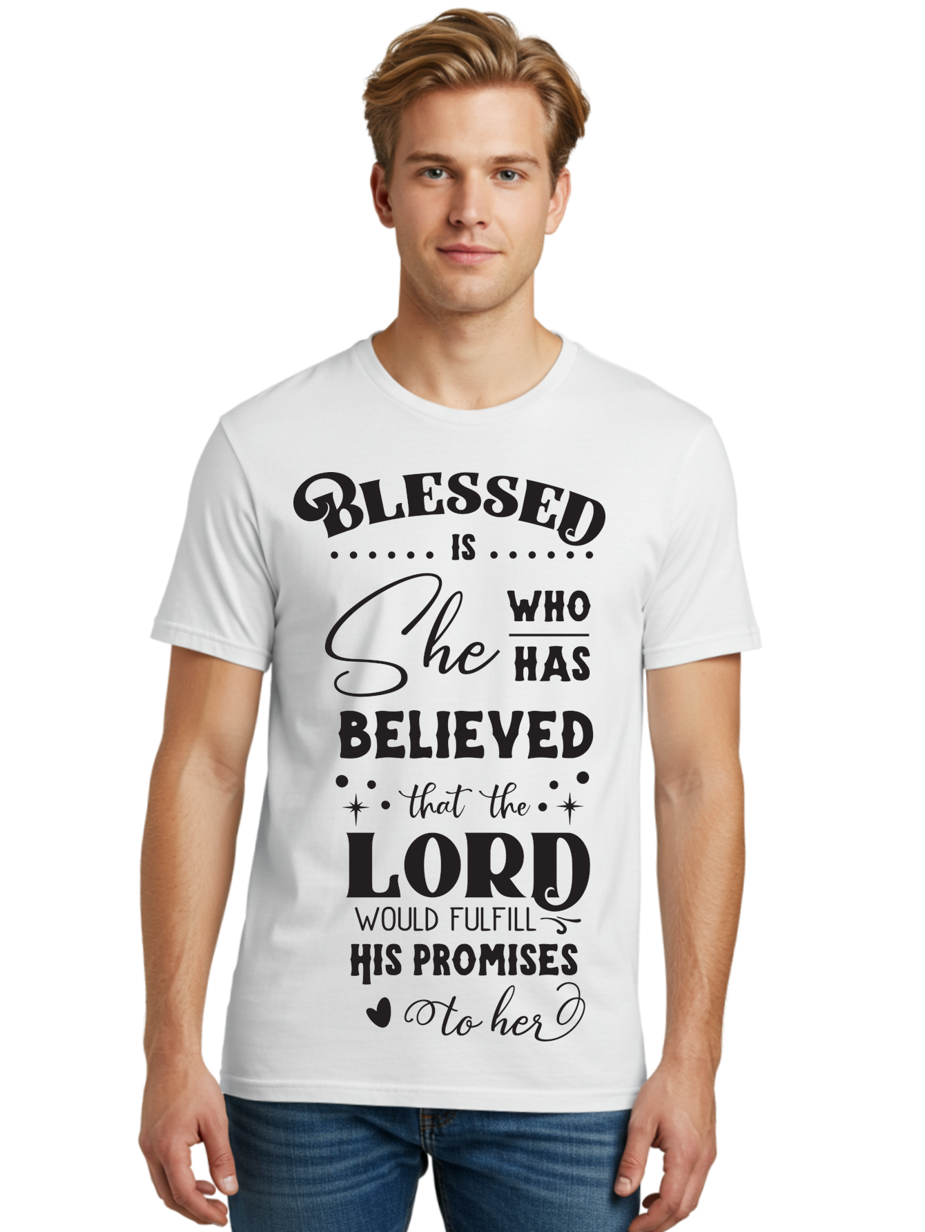 Blessed-Is-She Men'S Graphic Tee, 100% Cotton, Comfortable Casual Summer Wear, Machine Washable, Inspirational Quote, Motivational Saying, Faith-Based Message, Encouraging Words, Spiritual Guidance, Empowerment For Women, Christian Values, Aac528