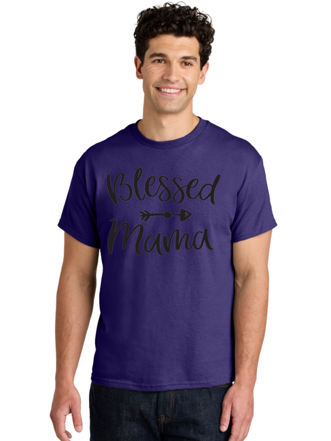 Blessed-Mama Men'S Graphic Tee, 100% Cotton, Comfortable Casual Summer Wear, Machine Washable, Blessed Mama, Inspirational Quote, Motivational Phrase, Arrow Symbol, Motherhood, Love, Positivity, Faith, Family Aac529