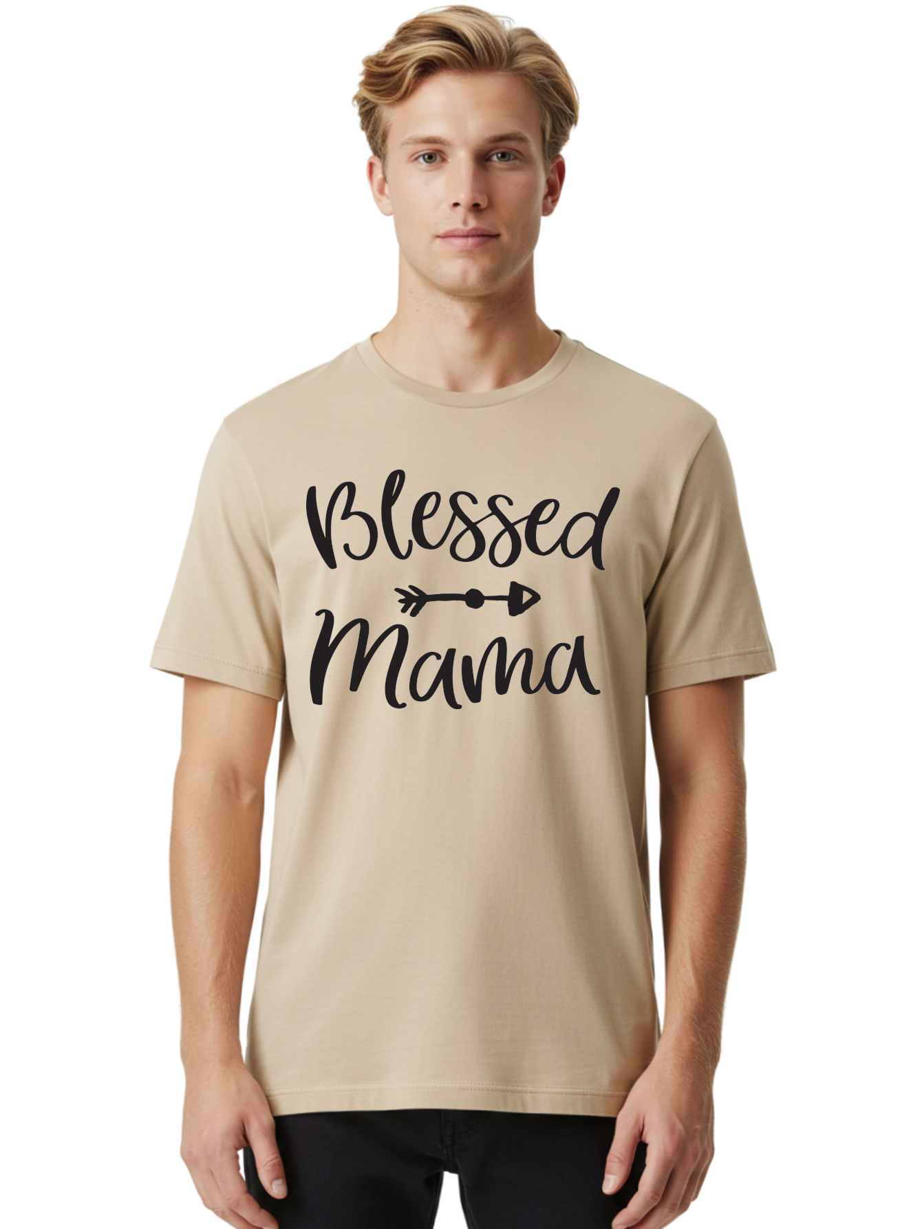 Blessed-Mama Men'S Graphic Tee, 100% Cotton, Comfortable Casual Summer Wear, Machine Washable, Blessed Mama, Inspirational Quote, Motivational Phrase, Arrow Symbol, Motherhood, Love, Positivity, Faith, Family Aac529