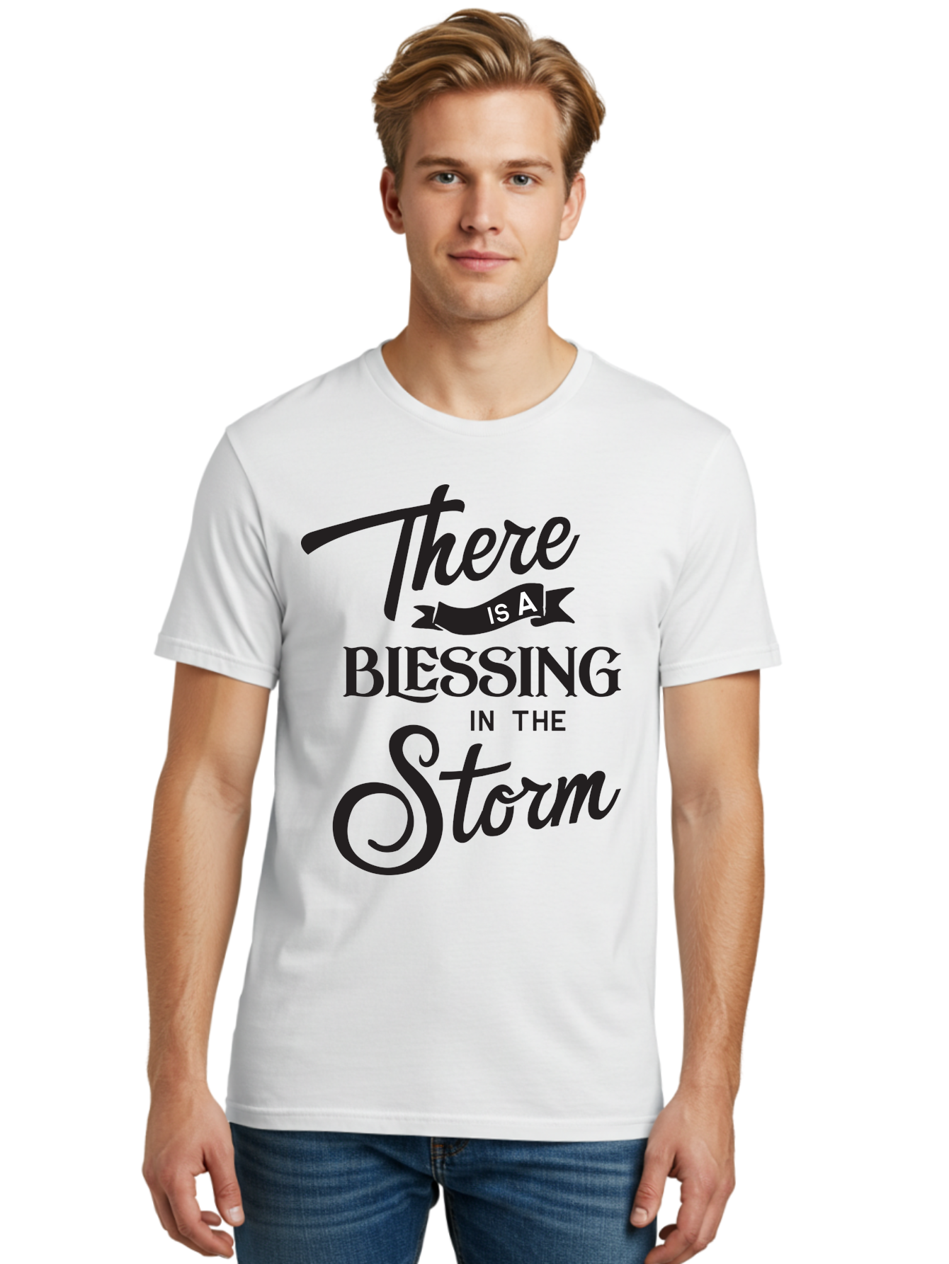 Blessing-In-The-Storm Men'S Graphic Tee, 100% Cotton, Comfortable Casual Summer Wear, Machine Washable, Inspirational Quote, Motivational Message, Blessing In The Storm, Uplifting Words, Positive Affirmation, Faith, Perseverance, Aac530