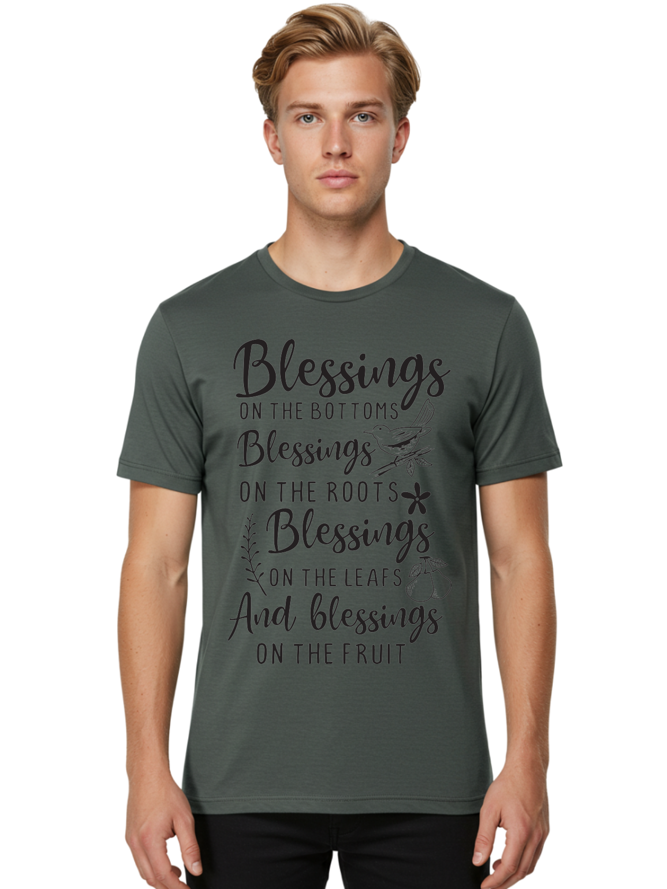 Blessings-On-The-Bottoms Men'S Graphic Tee, 100% Cotton, Comfortable Casual Summer Wear, Machine Washable, Inspirational Quote, Blessing Message, Typography Art, Leaf Illustrations, Floral Designs, Fruit Graphics, Nature-Inspired, Aac531