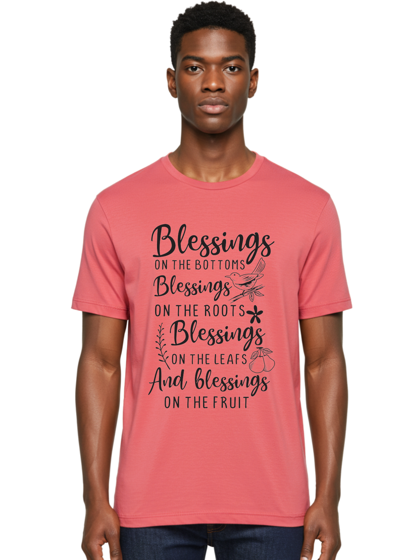 Blessings-On-The-Bottoms Men'S Graphic Tee, 100% Cotton, Comfortable Casual Summer Wear, Machine Washable, Inspirational Quote, Blessing Message, Typography Art, Leaf Illustrations, Floral Designs, Fruit Graphics, Nature-Inspired, Aac531
