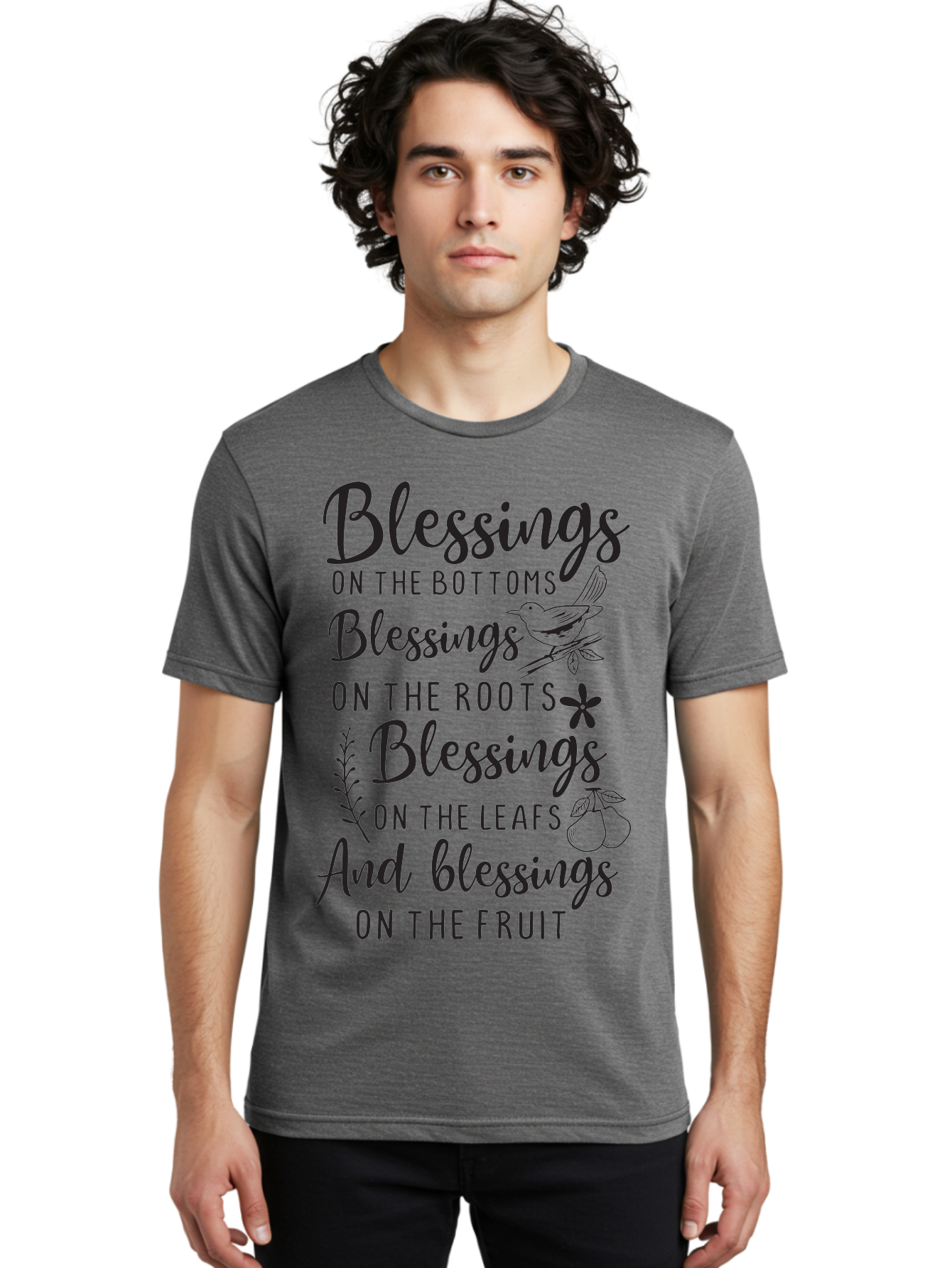 Blessings-On-The-Bottoms Men'S Graphic Tee, 100% Cotton, Comfortable Casual Summer Wear, Machine Washable, Inspirational Quote, Blessing Message, Typography Art, Leaf Illustrations, Floral Designs, Fruit Graphics, Nature-Inspired, Aac531