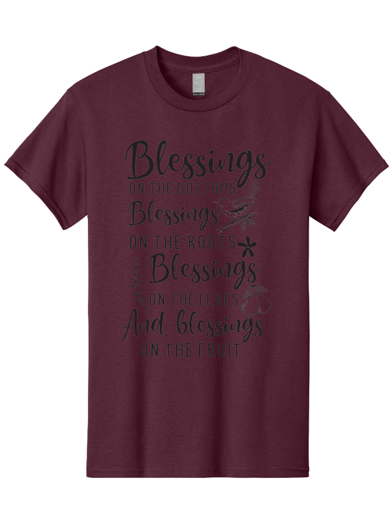 Blessings-On-The-Bottoms Men'S Graphic Tee, 100% Cotton, Comfortable Casual Summer Wear, Machine Washable, Inspirational Quote, Blessing Message, Typography Art, Leaf Illustrations, Floral Designs, Fruit Graphics, Nature-Inspired, Aac531