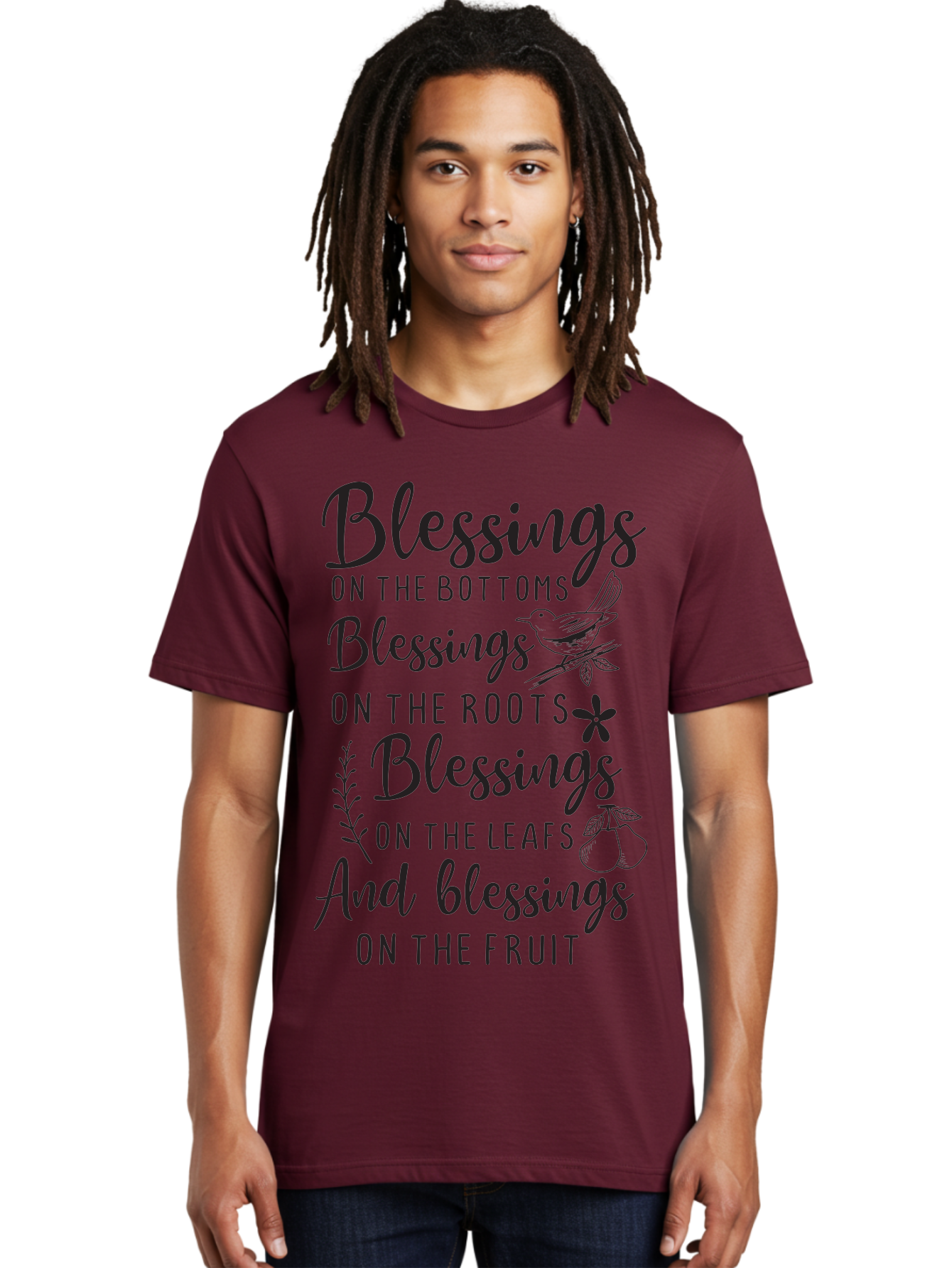 Blessings-On-The-Bottoms Men'S Graphic Tee, 100% Cotton, Comfortable Casual Summer Wear, Machine Washable, Inspirational Quote, Blessing Message, Typography Art, Leaf Illustrations, Floral Designs, Fruit Graphics, Nature-Inspired, Aac531