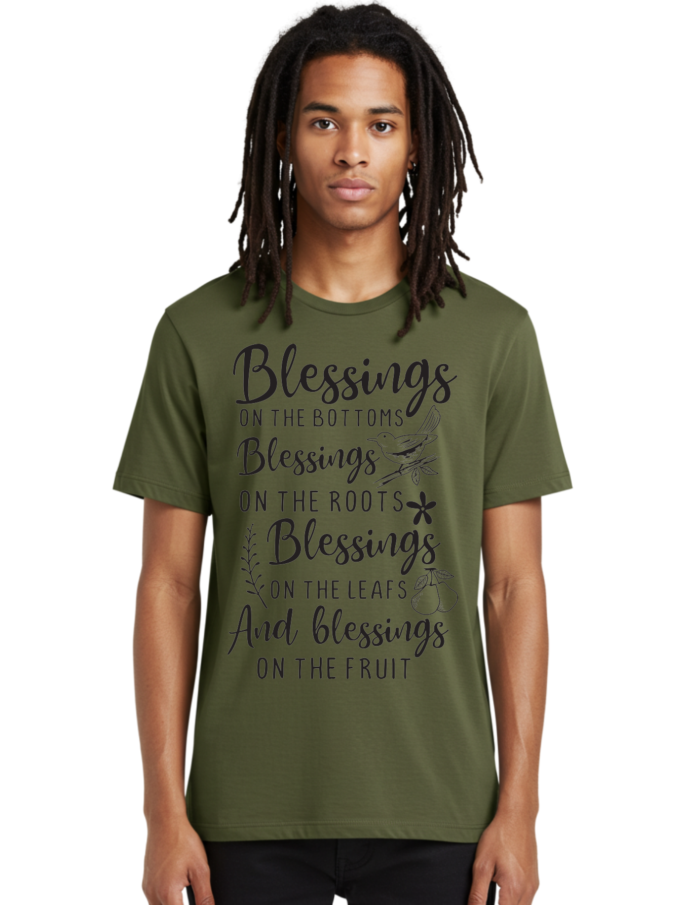 Blessings-On-The-Bottoms Men'S Graphic Tee, 100% Cotton, Comfortable Casual Summer Wear, Machine Washable, Inspirational Quote, Blessing Message, Typography Art, Leaf Illustrations, Floral Designs, Fruit Graphics, Nature-Inspired, Aac531