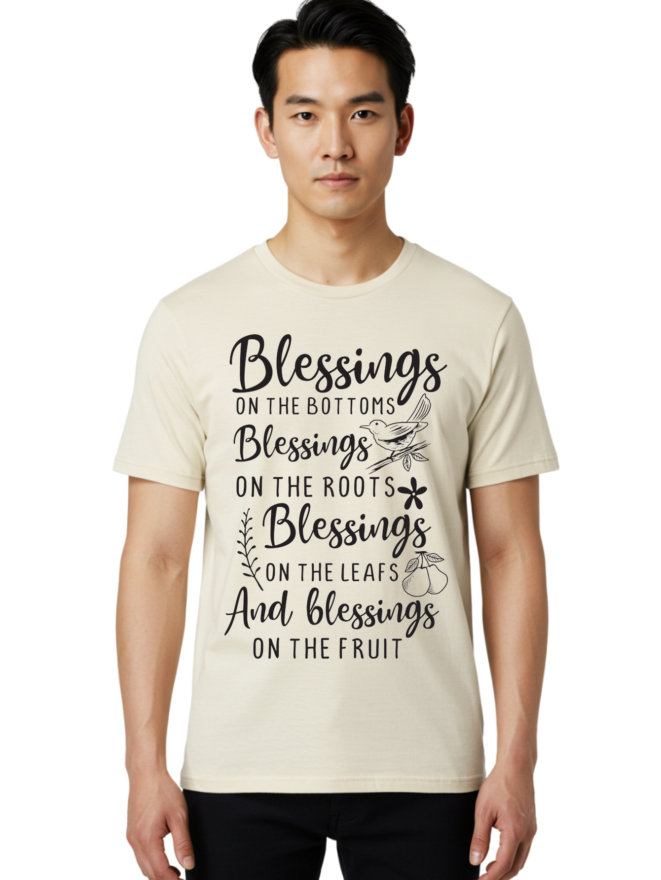 Blessings-On-The-Bottoms Men'S Graphic Tee, 100% Cotton, Comfortable Casual Summer Wear, Machine Washable, Inspirational Quote, Blessing Message, Typography Art, Leaf Illustrations, Floral Designs, Fruit Graphics, Nature-Inspired, Aac531