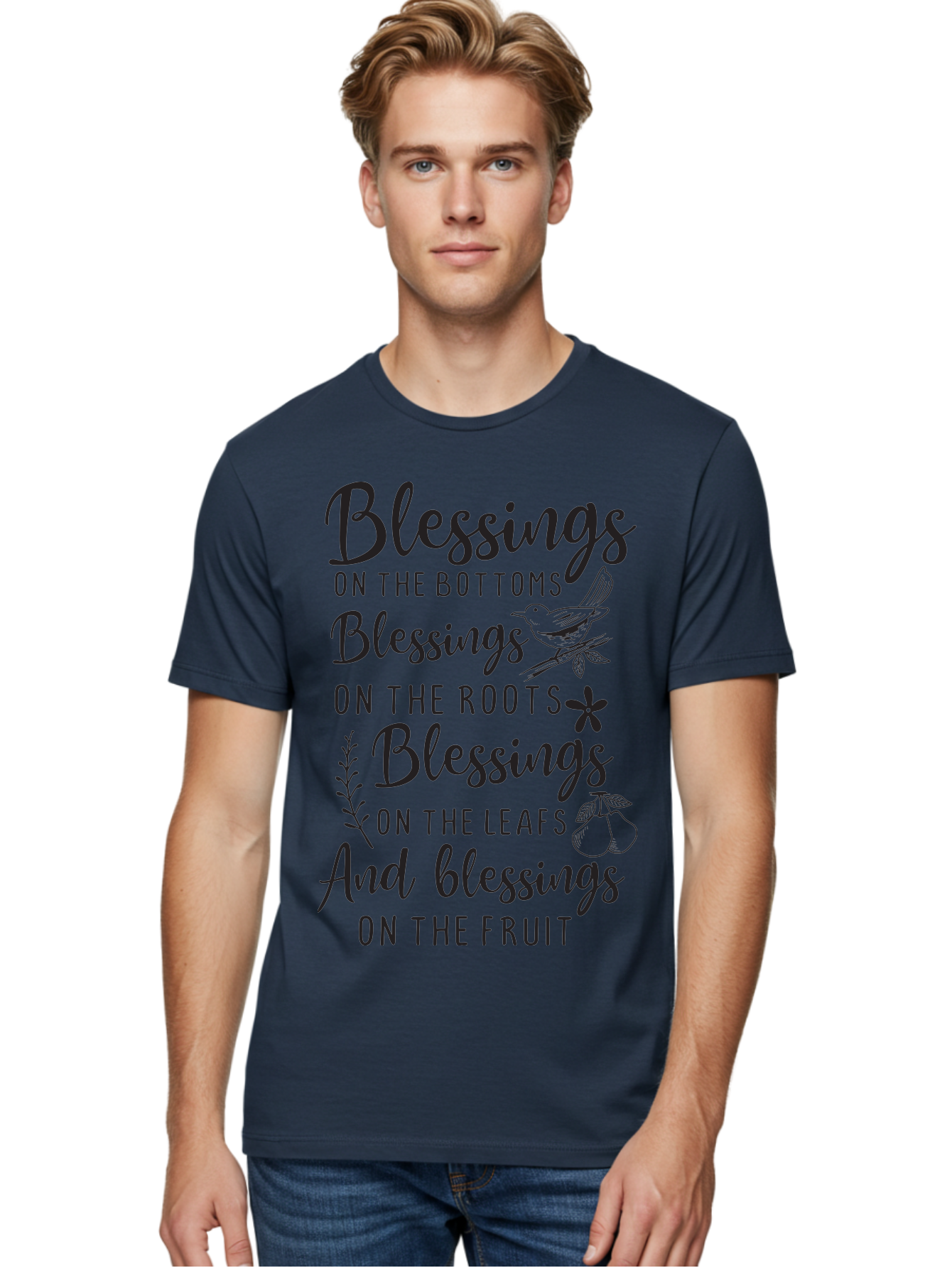 Blessings-On-The-Bottoms Men'S Graphic Tee, 100% Cotton, Comfortable Casual Summer Wear, Machine Washable, Inspirational Quote, Blessing Message, Typography Art, Leaf Illustrations, Floral Designs, Fruit Graphics, Nature-Inspired, Aac531