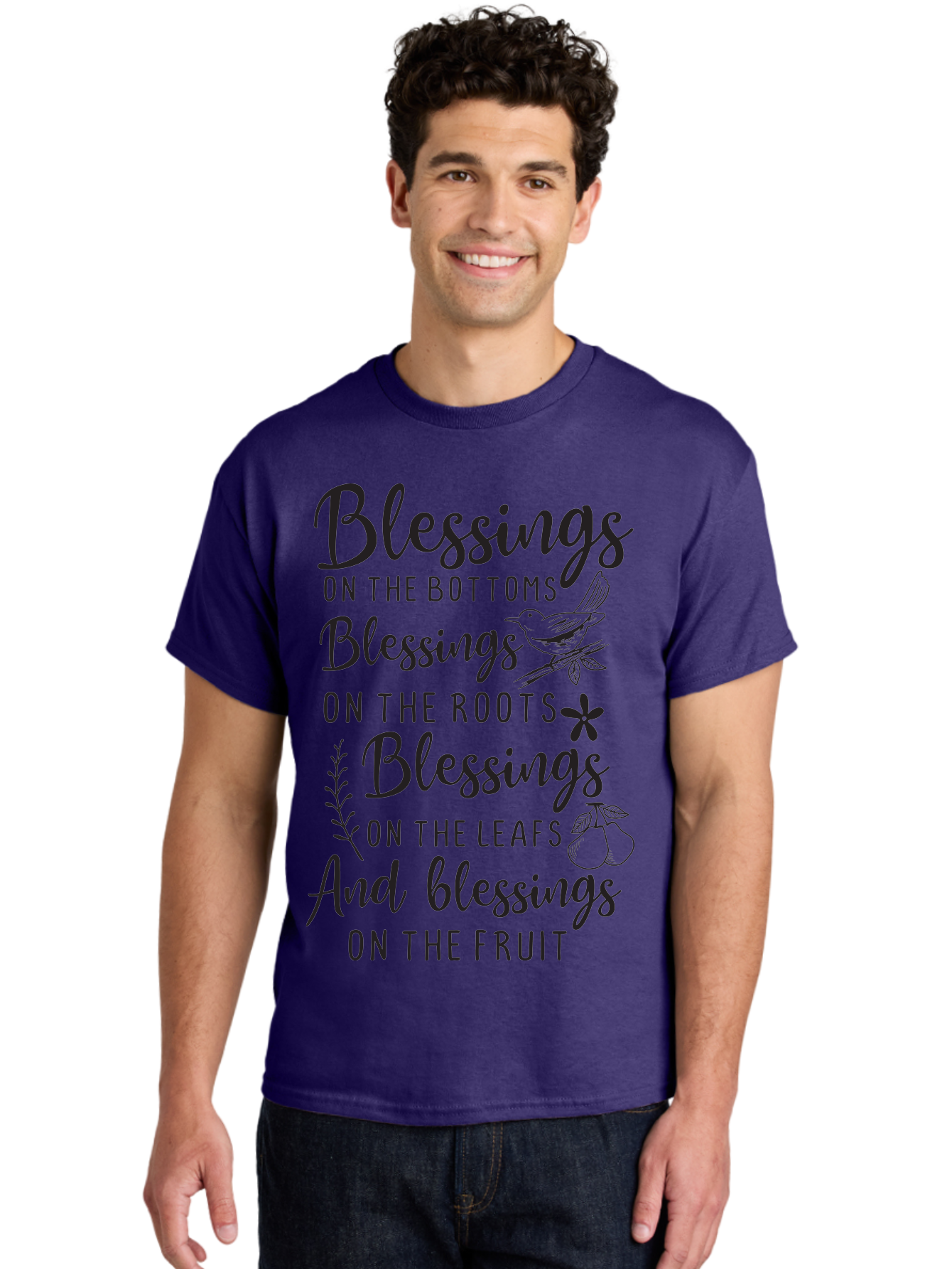 Blessings-On-The-Bottoms Men'S Graphic Tee, 100% Cotton, Comfortable Casual Summer Wear, Machine Washable, Inspirational Quote, Blessing Message, Typography Art, Leaf Illustrations, Floral Designs, Fruit Graphics, Nature-Inspired, Aac531
