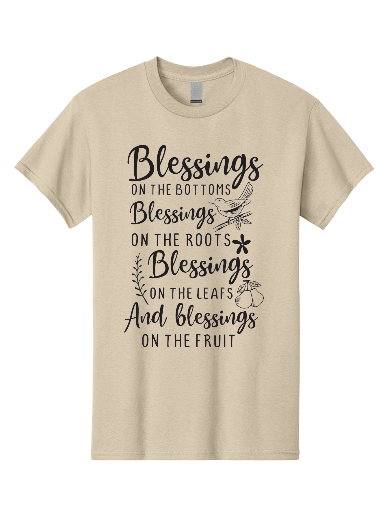 Blessings-On-The-Bottoms Men'S Graphic Tee, 100% Cotton, Comfortable Casual Summer Wear, Machine Washable, Inspirational Quote, Blessing Message, Typography Art, Leaf Illustrations, Floral Designs, Fruit Graphics, Nature-Inspired, Aac531