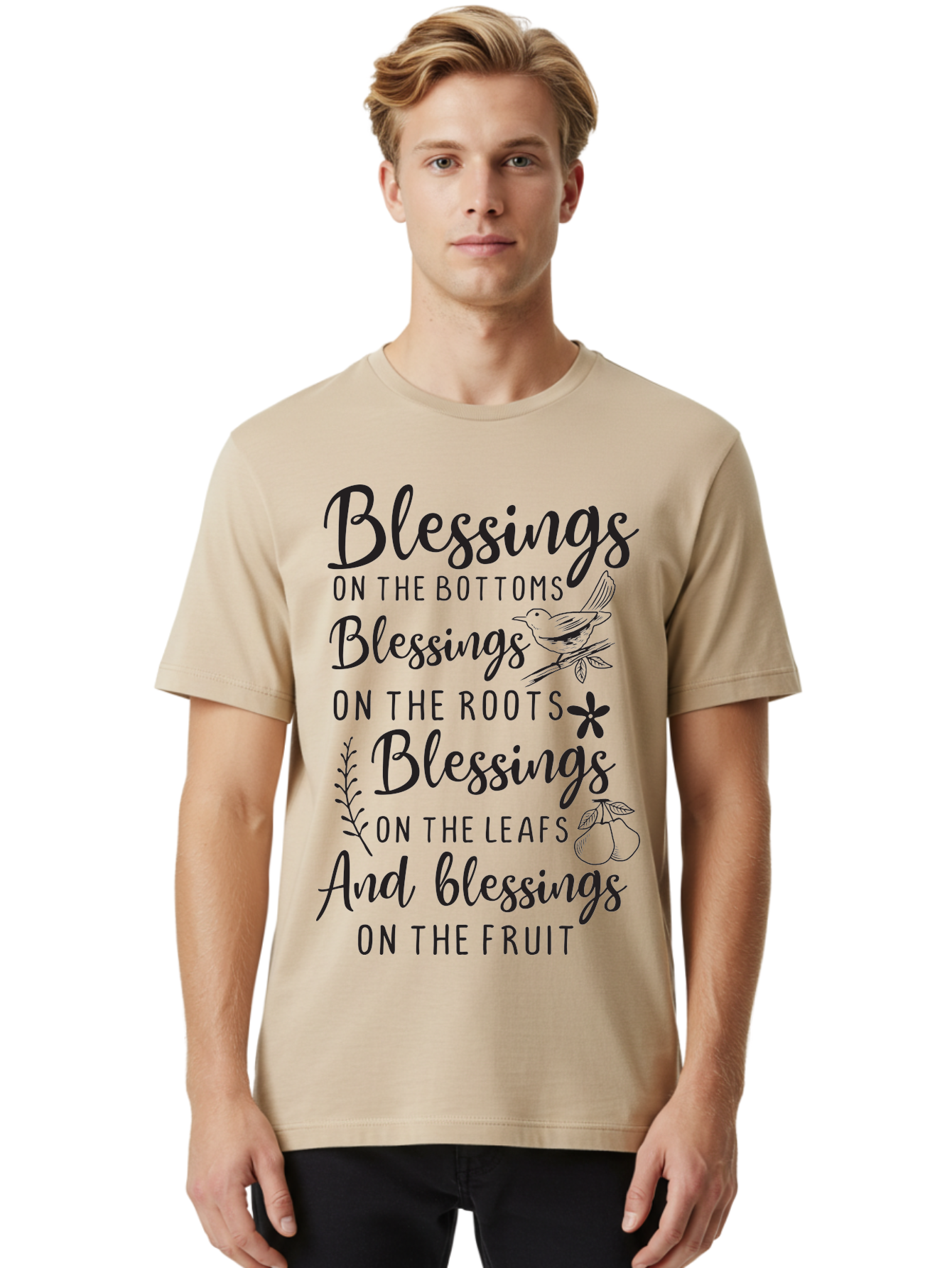 Blessings-On-The-Bottoms Men'S Graphic Tee, 100% Cotton, Comfortable Casual Summer Wear, Machine Washable, Inspirational Quote, Blessing Message, Typography Art, Leaf Illustrations, Floral Designs, Fruit Graphics, Nature-Inspired, Aac531