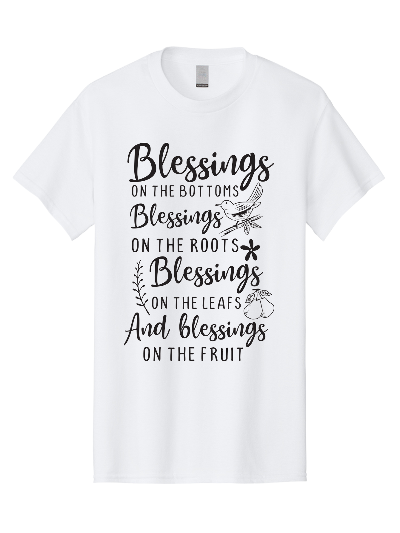 Blessings-On-The-Bottoms Men'S Graphic Tee, 100% Cotton, Comfortable Casual Summer Wear, Machine Washable, Inspirational Quote, Blessing Message, Typography Art, Leaf Illustrations, Floral Designs, Fruit Graphics, Nature-Inspired, Aac531