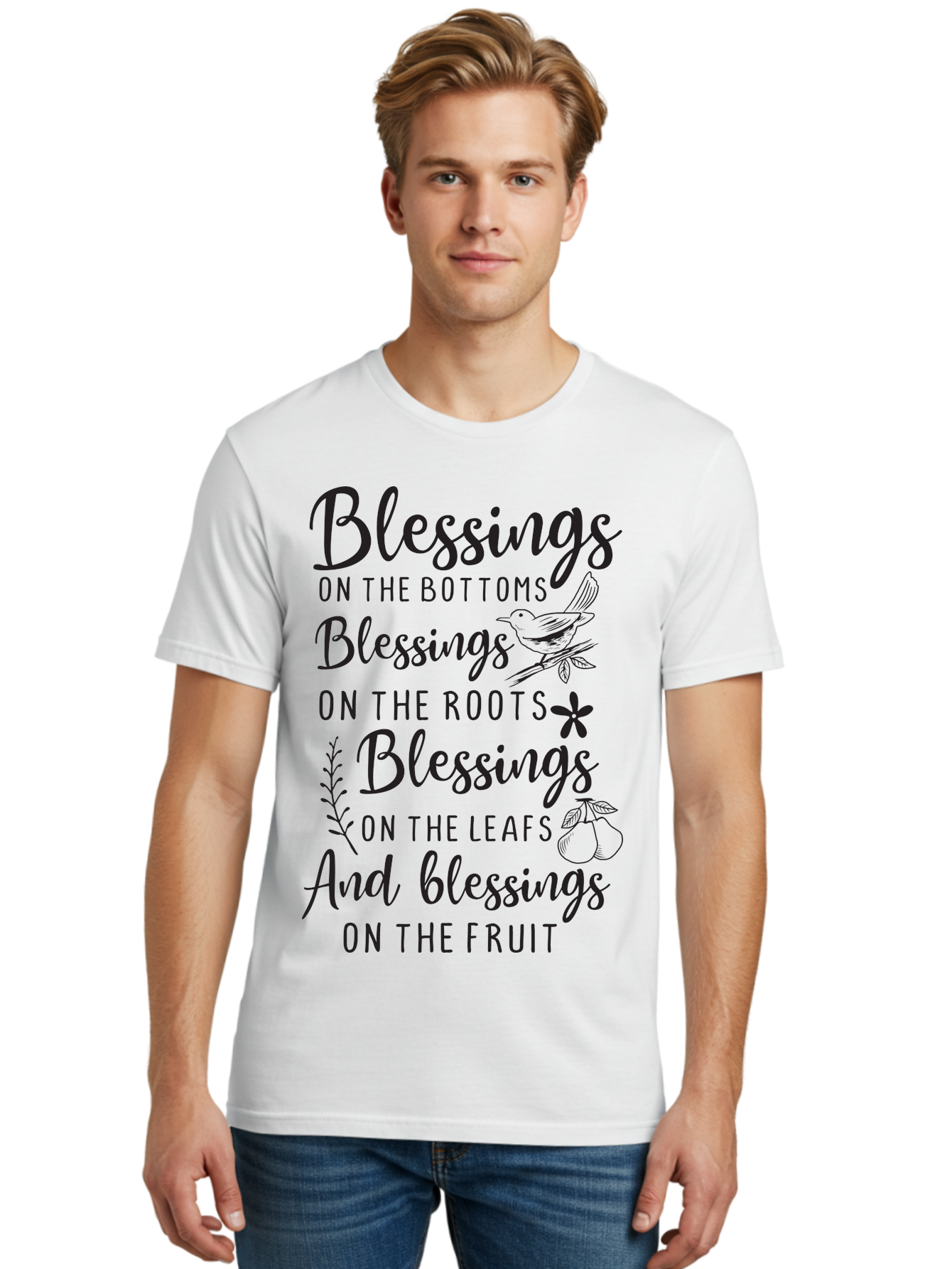 Blessings-On-The-Bottoms Men'S Graphic Tee, 100% Cotton, Comfortable Casual Summer Wear, Machine Washable, Inspirational Quote, Blessing Message, Typography Art, Leaf Illustrations, Floral Designs, Fruit Graphics, Nature-Inspired, Aac531