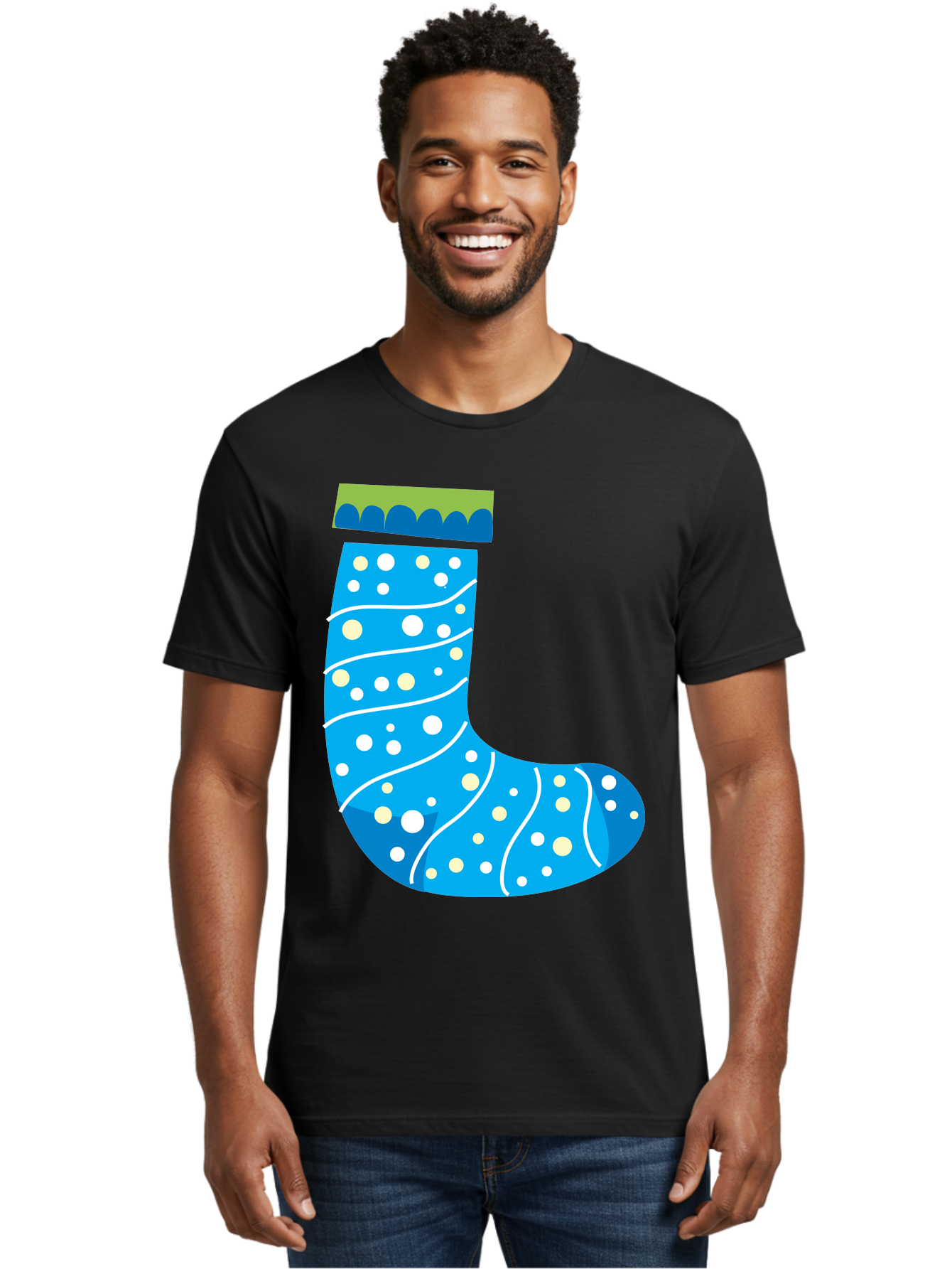 Blue-Christmas-Sock Men'S Graphic Tee, 100% Cotton, Comfortable Casual Summer Wear, Machine Washable, Christmas Stocking, Holiday Decor, Festive Season, Winter Wonderland, Cozy Atmosphere, Blue And White Colors, Polka Dot Pattern, White Swirls Aac533