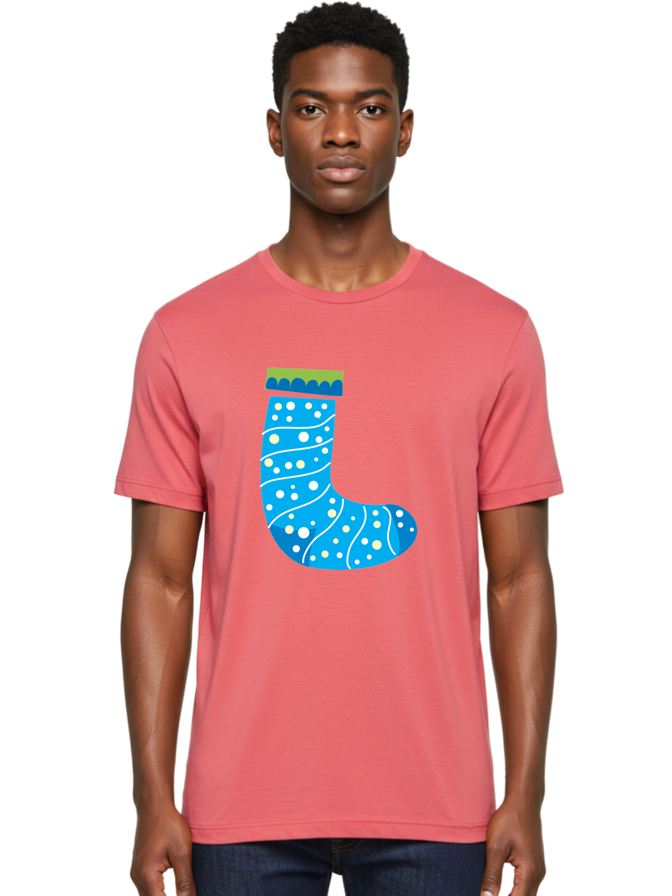 Blue-Christmas-Sock Men'S Graphic Tee, 100% Cotton, Comfortable Casual Summer Wear, Machine Washable, Christmas Stocking, Holiday Decor, Festive Season, Winter Wonderland, Cozy Atmosphere, Blue And White Colors, Polka Dot Pattern, White Swirls Aac533