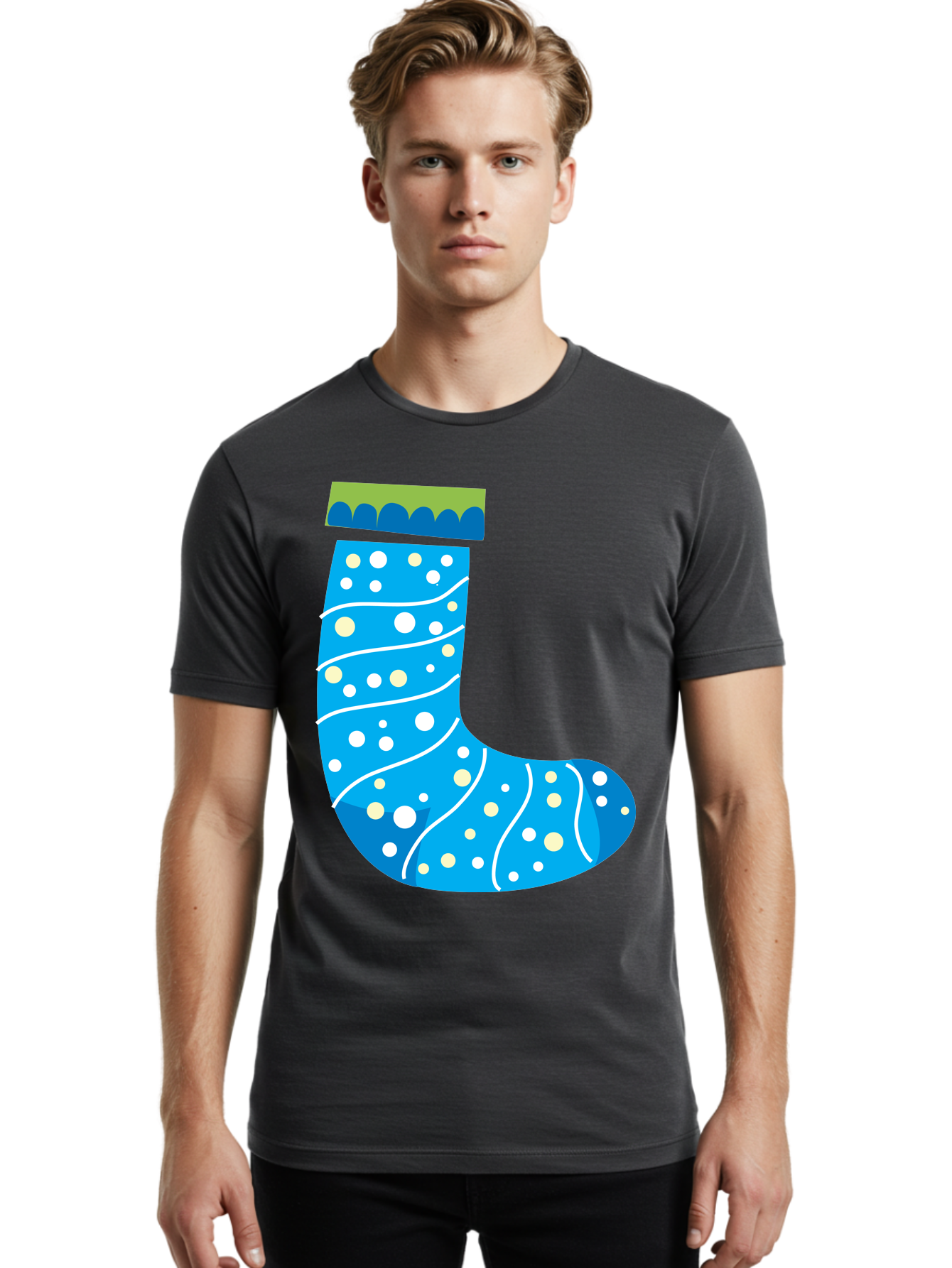 Blue-Christmas-Sock Men'S Graphic Tee, 100% Cotton, Comfortable Casual Summer Wear, Machine Washable, Christmas Stocking, Holiday Decor, Festive Season, Winter Wonderland, Cozy Atmosphere, Blue And White Colors, Polka Dot Pattern, White Swirls Aac533