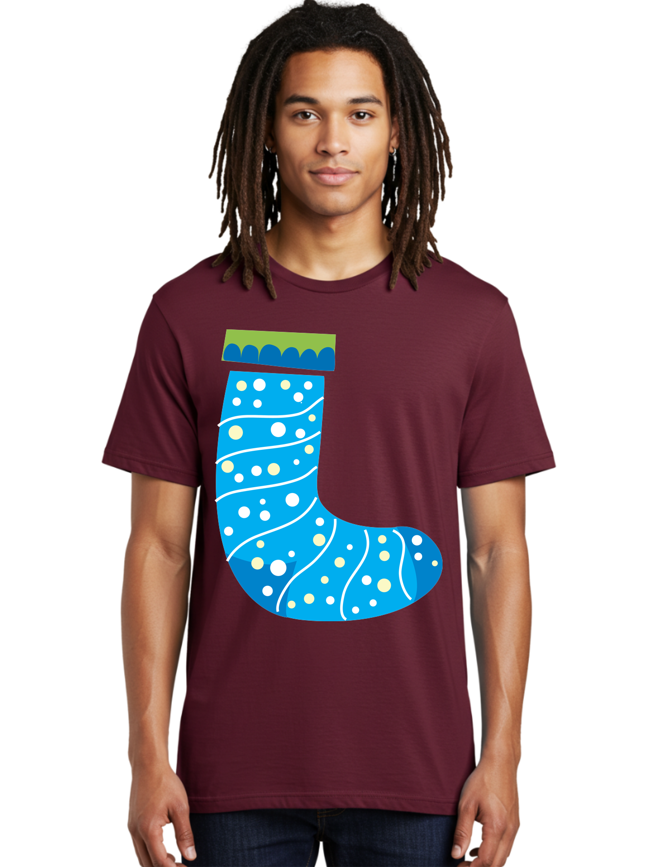 Blue-Christmas-Sock Men'S Graphic Tee, 100% Cotton, Comfortable Casual Summer Wear, Machine Washable, Christmas Stocking, Holiday Decor, Festive Season, Winter Wonderland, Cozy Atmosphere, Blue And White Colors, Polka Dot Pattern, White Swirls Aac533