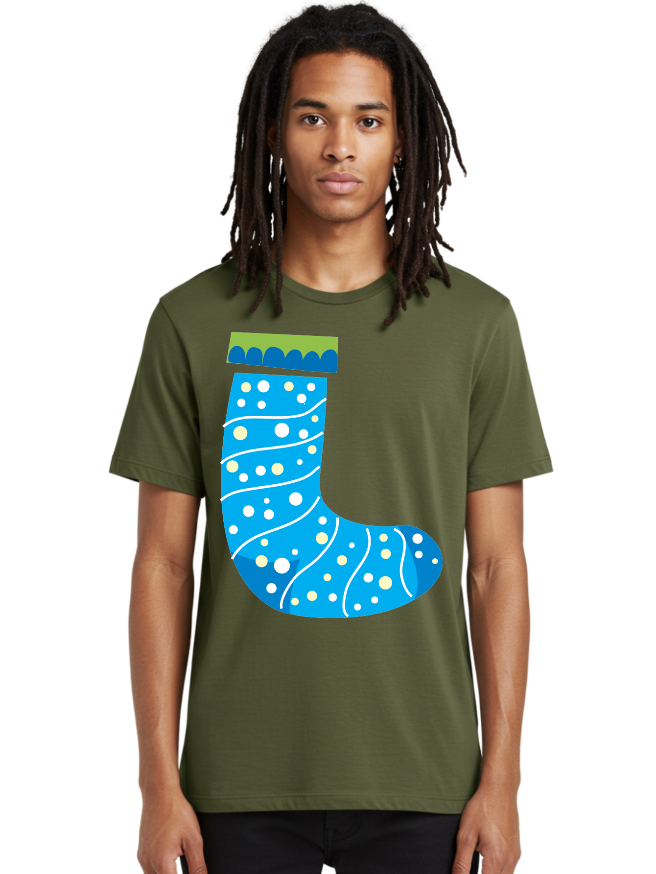 Blue-Christmas-Sock Men'S Graphic Tee, 100% Cotton, Comfortable Casual Summer Wear, Machine Washable, Christmas Stocking, Holiday Decor, Festive Season, Winter Wonderland, Cozy Atmosphere, Blue And White Colors, Polka Dot Pattern, White Swirls Aac533