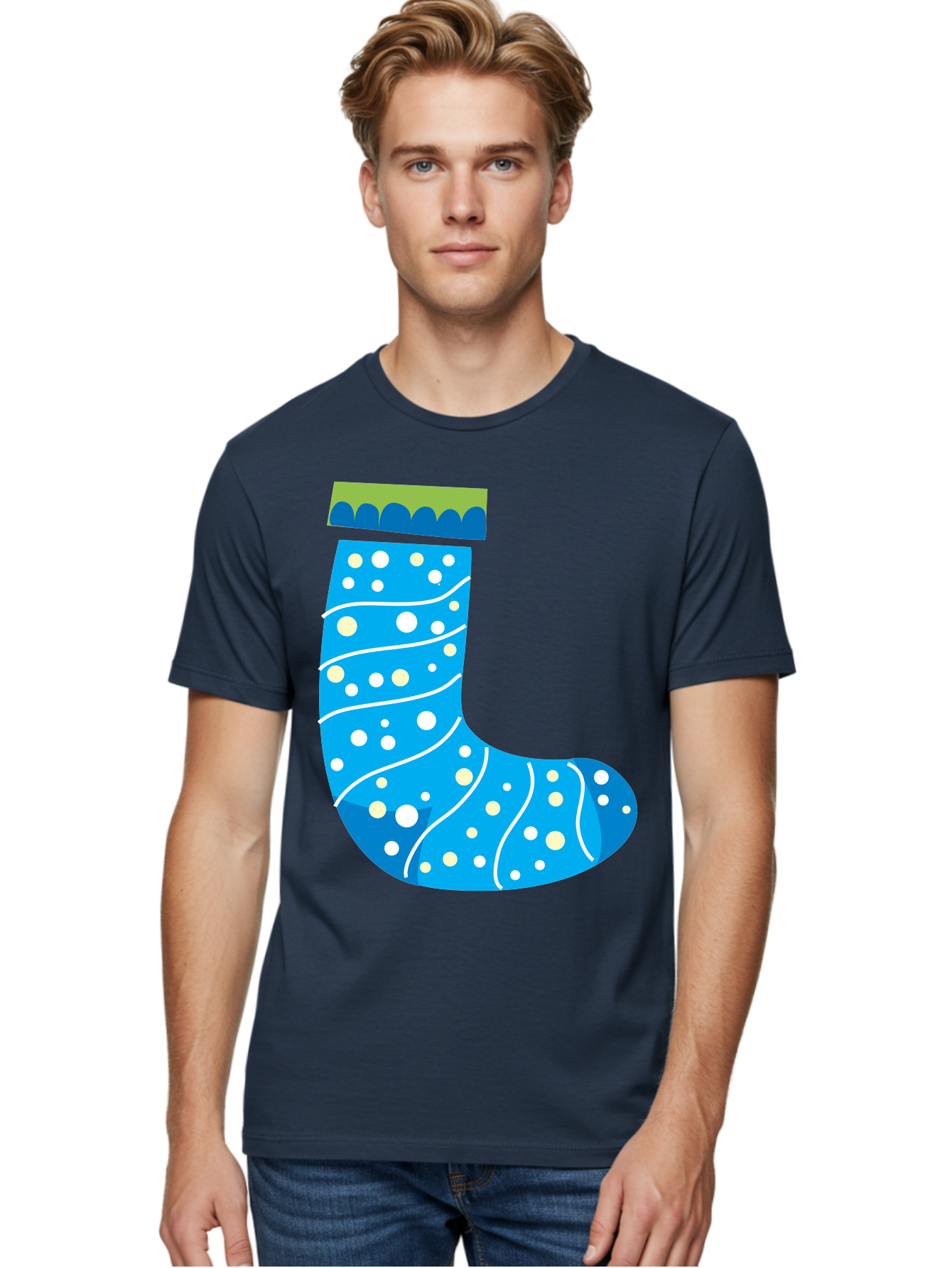 Blue-Christmas-Sock Men'S Graphic Tee, 100% Cotton, Comfortable Casual Summer Wear, Machine Washable, Christmas Stocking, Holiday Decor, Festive Season, Winter Wonderland, Cozy Atmosphere, Blue And White Colors, Polka Dot Pattern, White Swirls Aac533