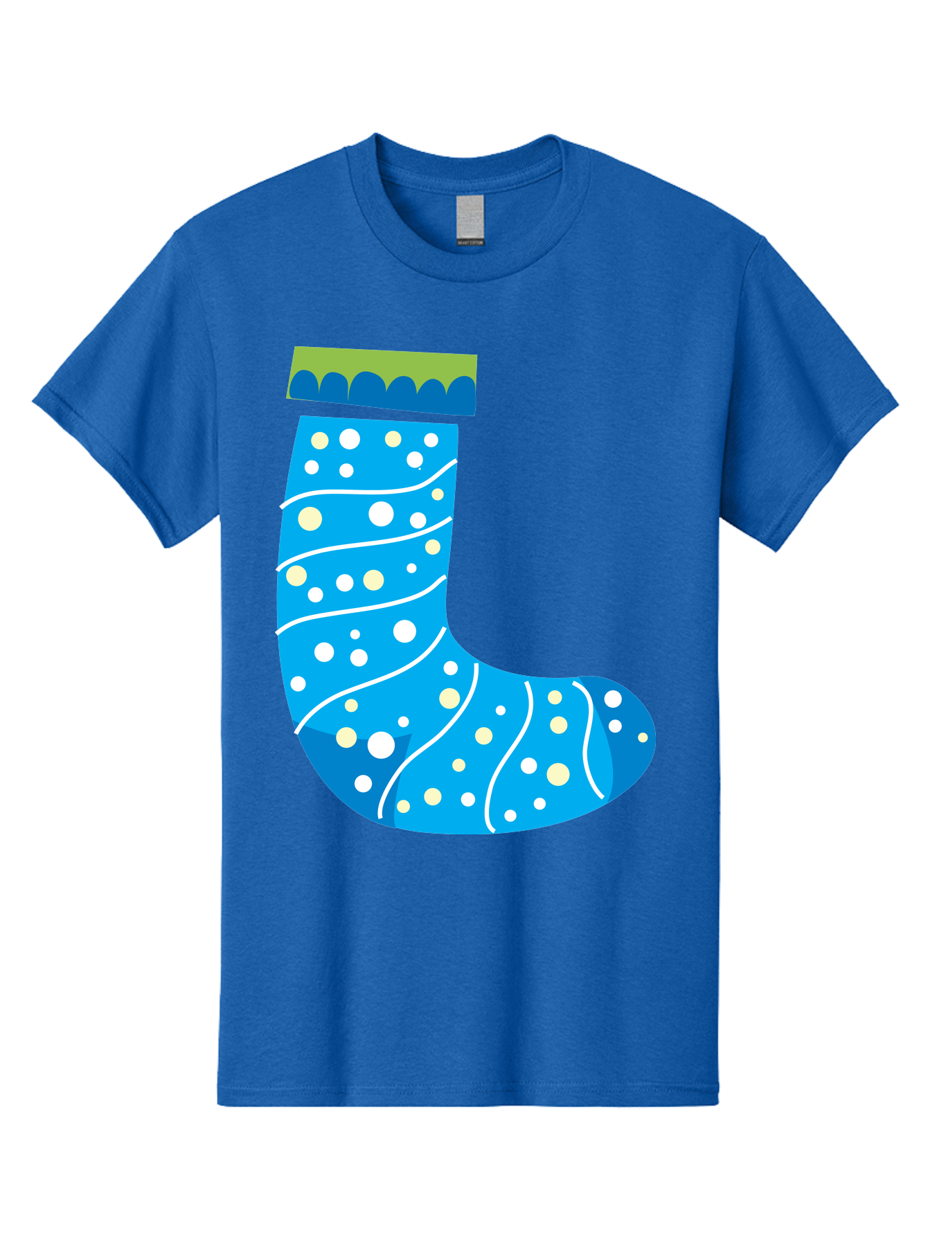 Blue-Christmas-Sock Men'S Graphic Tee, 100% Cotton, Comfortable Casual Summer Wear, Machine Washable, Christmas Stocking, Holiday Decor, Festive Season, Winter Wonderland, Cozy Atmosphere, Blue And White Colors, Polka Dot Pattern, White Swirls Aac533