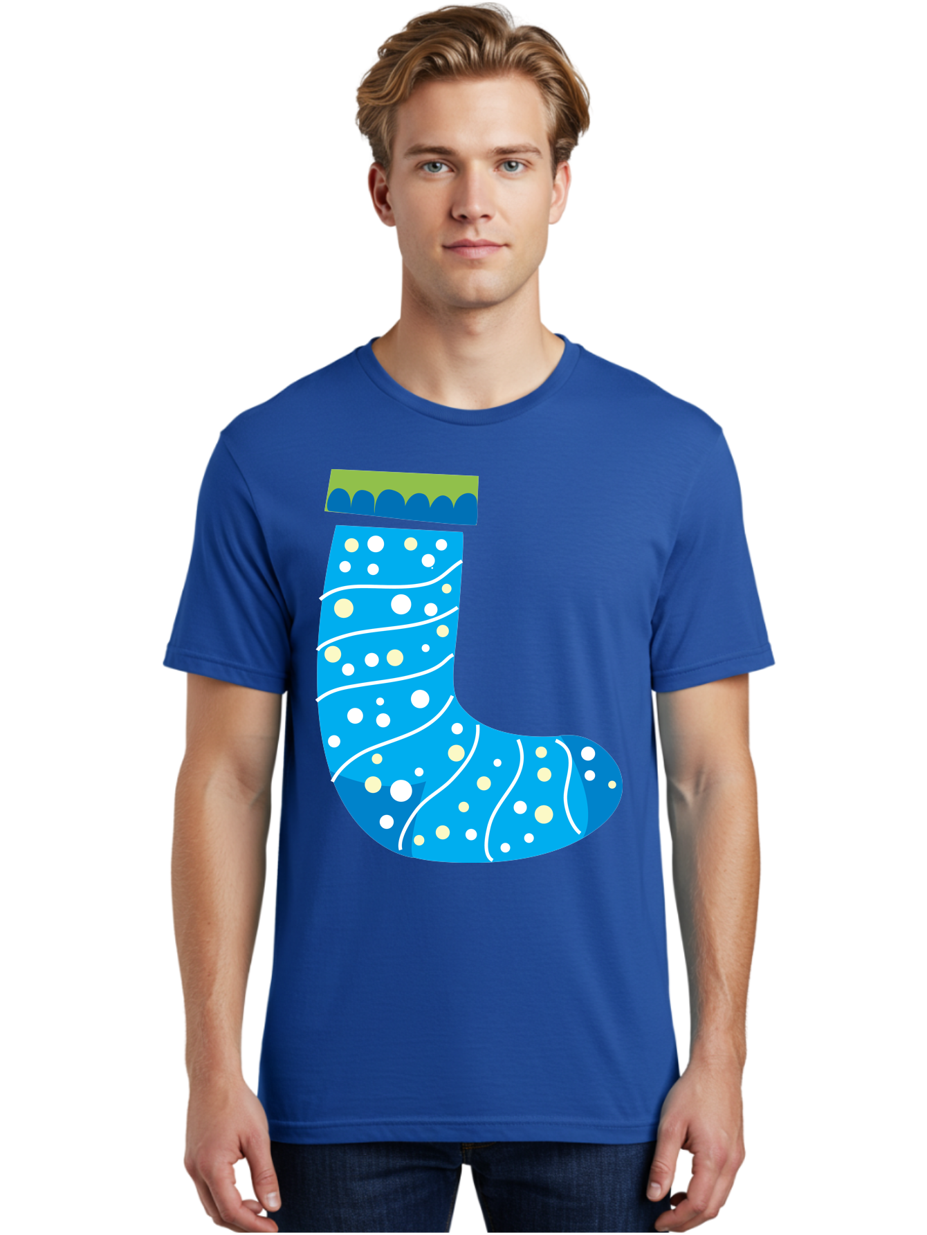 Blue-Christmas-Sock Men'S Graphic Tee, 100% Cotton, Comfortable Casual Summer Wear, Machine Washable, Christmas Stocking, Holiday Decor, Festive Season, Winter Wonderland, Cozy Atmosphere, Blue And White Colors, Polka Dot Pattern, White Swirls Aac533