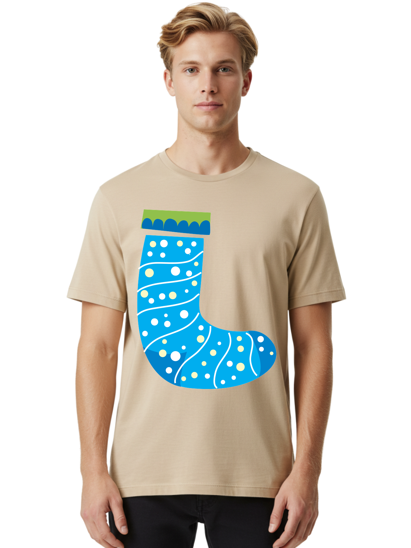 Blue-Christmas-Sock Men'S Graphic Tee, 100% Cotton, Comfortable Casual Summer Wear, Machine Washable, Christmas Stocking, Holiday Decor, Festive Season, Winter Wonderland, Cozy Atmosphere, Blue And White Colors, Polka Dot Pattern, White Swirls Aac533