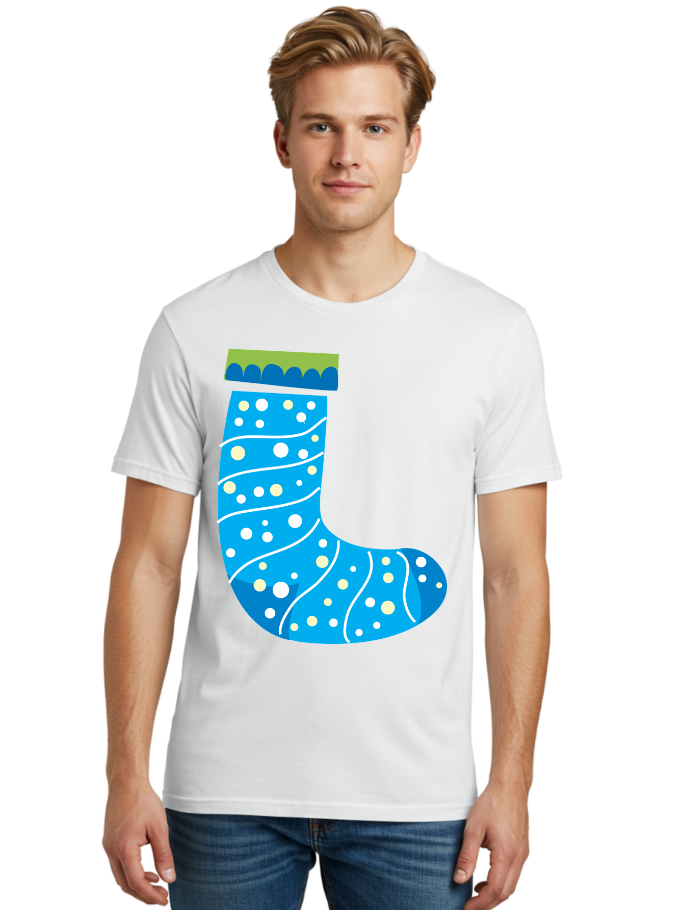 Blue-Christmas-Sock Men'S Graphic Tee, 100% Cotton, Comfortable Casual Summer Wear, Machine Washable, Christmas Stocking, Holiday Decor, Festive Season, Winter Wonderland, Cozy Atmosphere, Blue And White Colors, Polka Dot Pattern, White Swirls Aac533