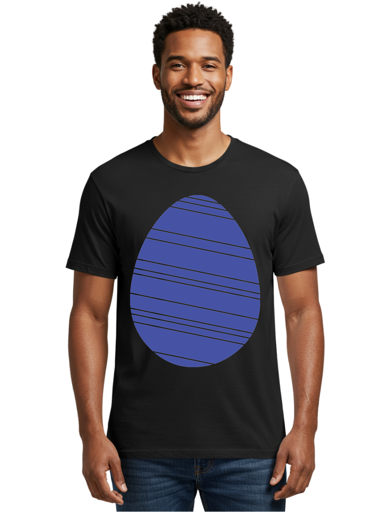Blue-Easter-Egg Men'S Graphic Tee, 100% Cotton, Comfortable Casual Summer Wear, Machine Washable, Blue Oval Shape, Diagonal Stripes, Striped Pattern, Graphic Design, Abstract Art, Vibrant Colors, Modern Illustration Aac535