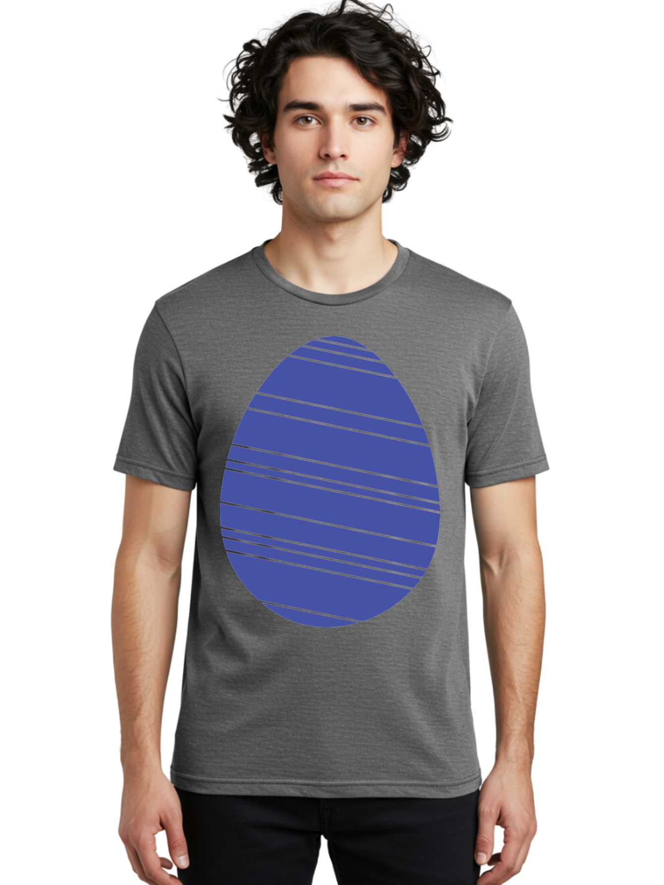 Blue-Easter-Egg Men'S Graphic Tee, 100% Cotton, Comfortable Casual Summer Wear, Machine Washable, Blue Oval Shape, Diagonal Stripes, Striped Pattern, Graphic Design, Abstract Art, Vibrant Colors, Modern Illustration Aac535