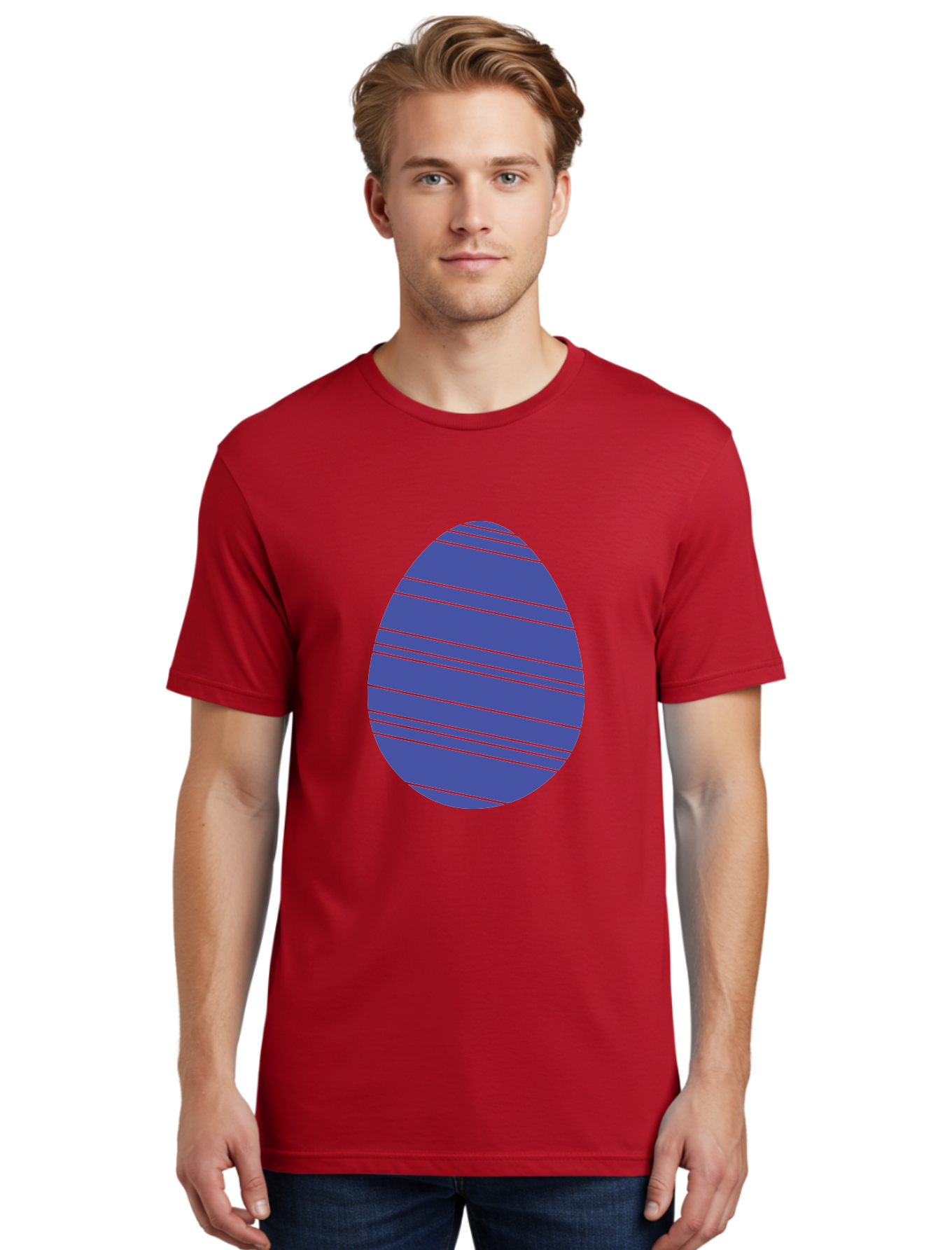Blue-Easter-Egg Men'S Graphic Tee, 100% Cotton, Comfortable Casual Summer Wear, Machine Washable, Blue Oval Shape, Diagonal Stripes, Striped Pattern, Graphic Design, Abstract Art, Vibrant Colors, Modern Illustration Aac535