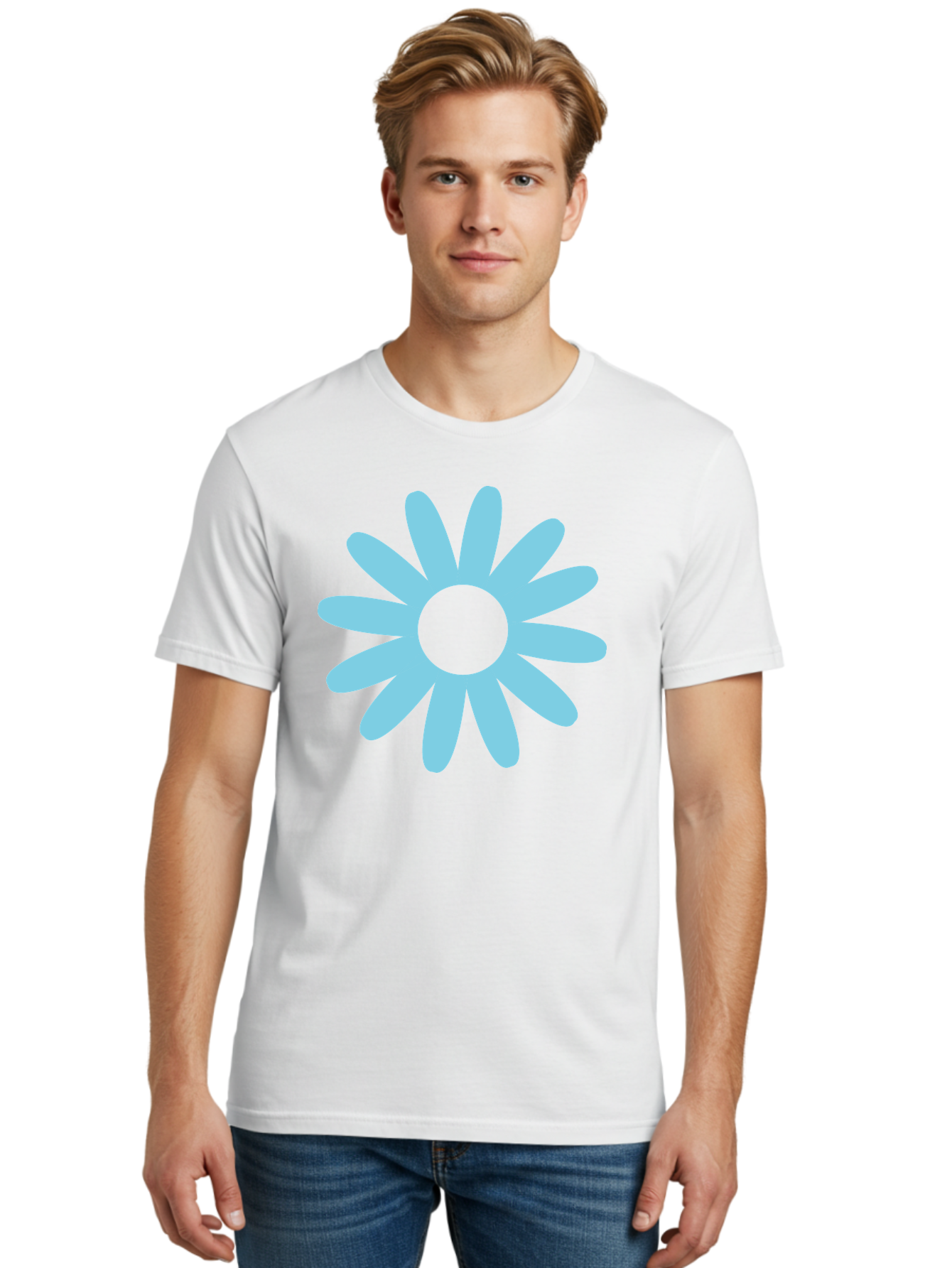 Blue-Flower Men'S Graphic Tee, 100% Cotton, Comfortable Casual Summer Wear, Machine Washable, Blue Flower, Simple Design, Minimalist Art, Floral Pattern, Light Blue Petals, Abstract Flower, Modern Graphics Aac536
