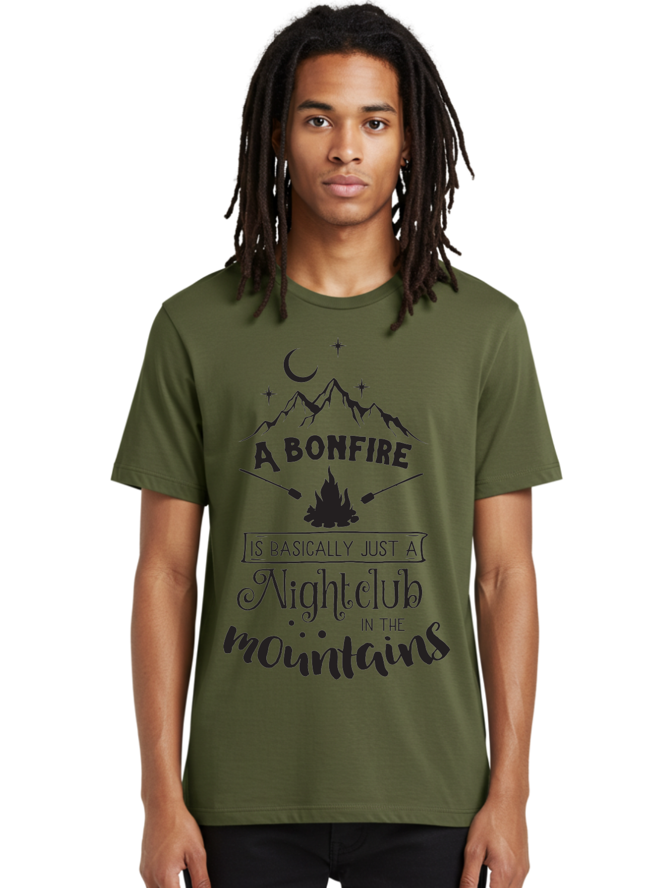 Bonfire-Nightclub Men'S Graphic Tee, 100% Cotton, Comfortable Casual Summer Wear, Machine Washable, Bonfire In The Mountains, Nightclub Atmosphere, Camping Vibes, Outdoor Adventures, Wilderness Getaway, Moonlit Nights, Starry Skies, Aac537