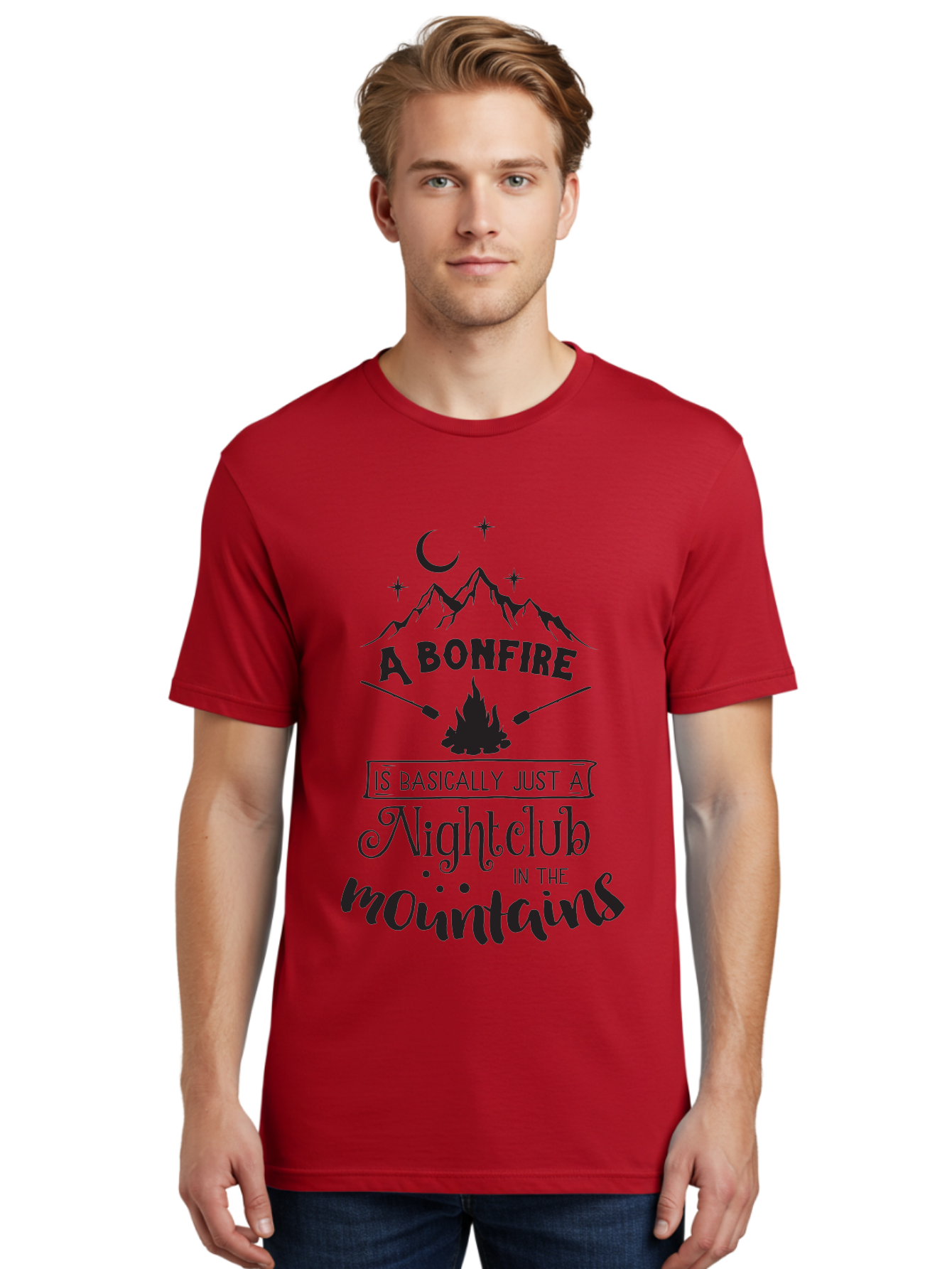 Bonfire-Nightclub Men'S Graphic Tee, 100% Cotton, Comfortable Casual Summer Wear, Machine Washable, Bonfire In The Mountains, Nightclub Atmosphere, Camping Vibes, Outdoor Adventures, Wilderness Getaway, Moonlit Nights, Starry Skies, Aac537