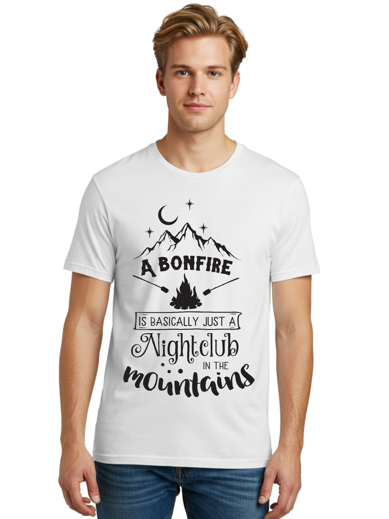 Bonfire-Nightclub Men'S Graphic Tee, 100% Cotton, Comfortable Casual Summer Wear, Machine Washable, Bonfire In The Mountains, Nightclub Atmosphere, Camping Vibes, Outdoor Adventures, Wilderness Getaway, Moonlit Nights, Starry Skies, Aac537