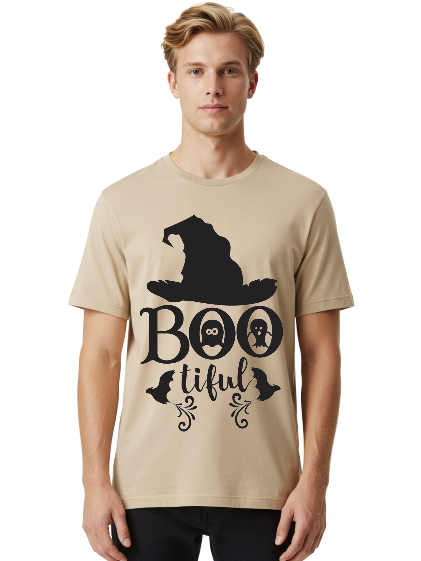 Boo-Tiful Men'S Graphic Tee, 100% Cotton, Comfortable Casual Summer Wear, Machine Washable, Halloween Design, Witch Hat, Ghostly Figures, Boo Tiful, Spooky Decor, Halloween Theme, Gothic Style, Mystical Vibes, Halloween Graphics Aac538
