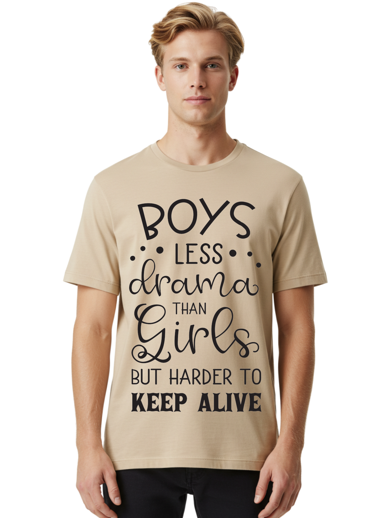 Boys-Less-Drama-Than-Girls-But-Harder-To-Keep-Alive Men'S Graphic Tee, 100% Cotton, Comfortable Casual Summer Wear, Machine Washable, Funny Quotes, Humorous Sayings, Boys Vs Girls, Witty Humor, Playful Teasing, Sassy Phrases, Aac541