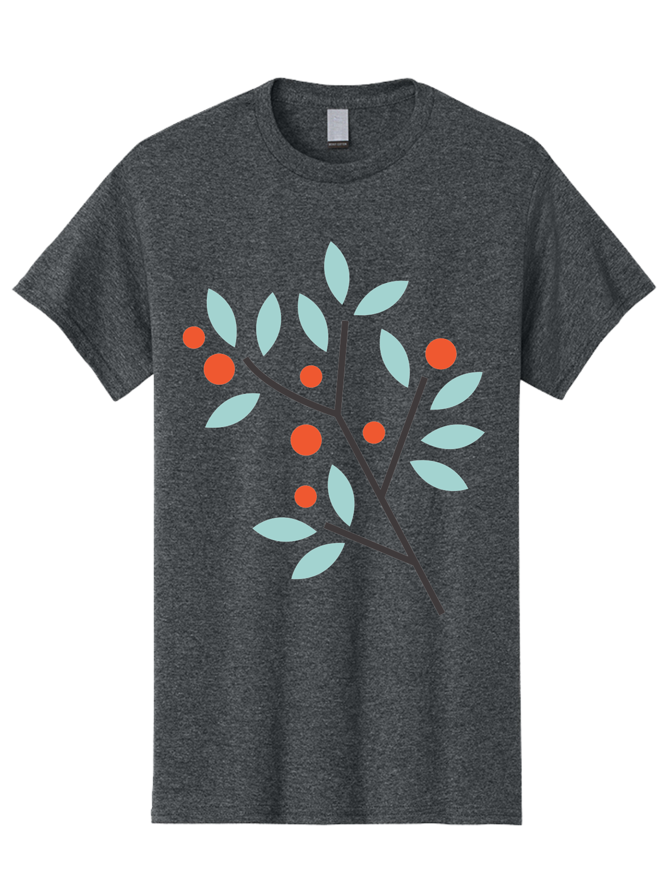 Branch-With-Leaves-And-Berries Men'S Graphic Tee, 100% Cotton, Comfortable Casual Summer Wear, Machine Washable, Simple Branch, Red Berries, Light Blue Leaves, Black Branches, Minimalist Design, Flat Illustration, Nature-Inspired Art, Aac542