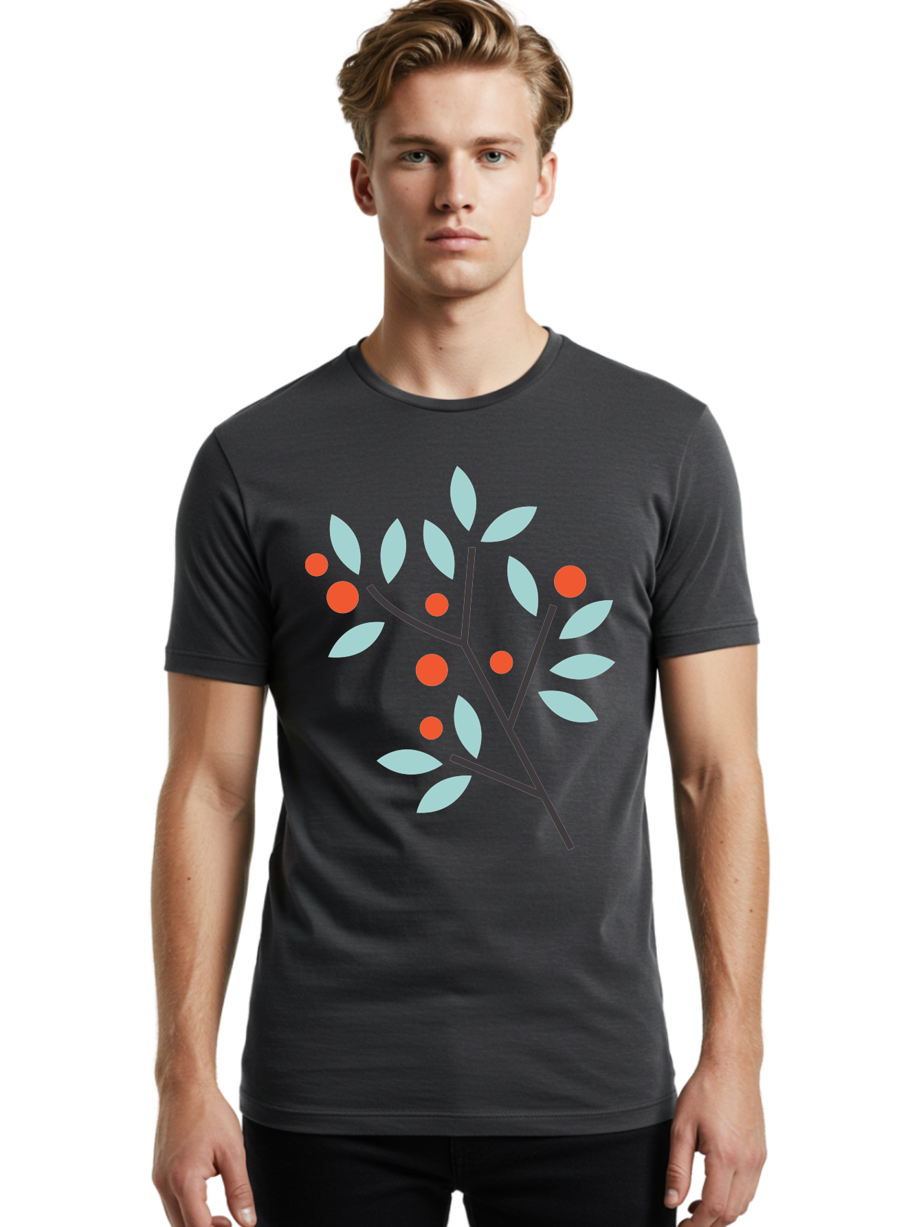 Branch-With-Leaves-And-Berries Men'S Graphic Tee, 100% Cotton, Comfortable Casual Summer Wear, Machine Washable, Simple Branch, Red Berries, Light Blue Leaves, Black Branches, Minimalist Design, Flat Illustration, Nature-Inspired Art, Aac542