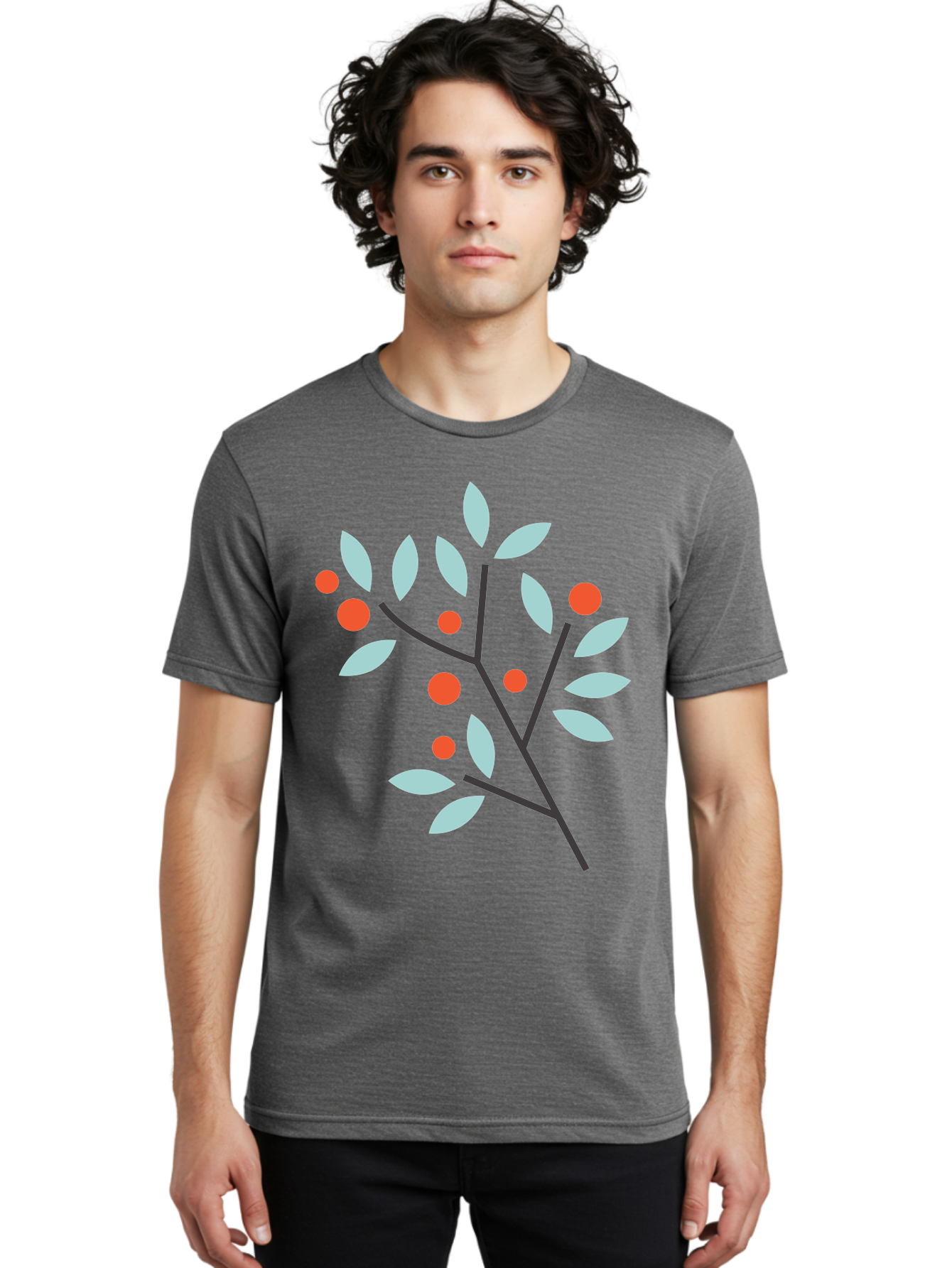 Branch-With-Leaves-And-Berries Men'S Graphic Tee, 100% Cotton, Comfortable Casual Summer Wear, Machine Washable, Simple Branch, Red Berries, Light Blue Leaves, Black Branches, Minimalist Design, Flat Illustration, Nature-Inspired Art, Aac542