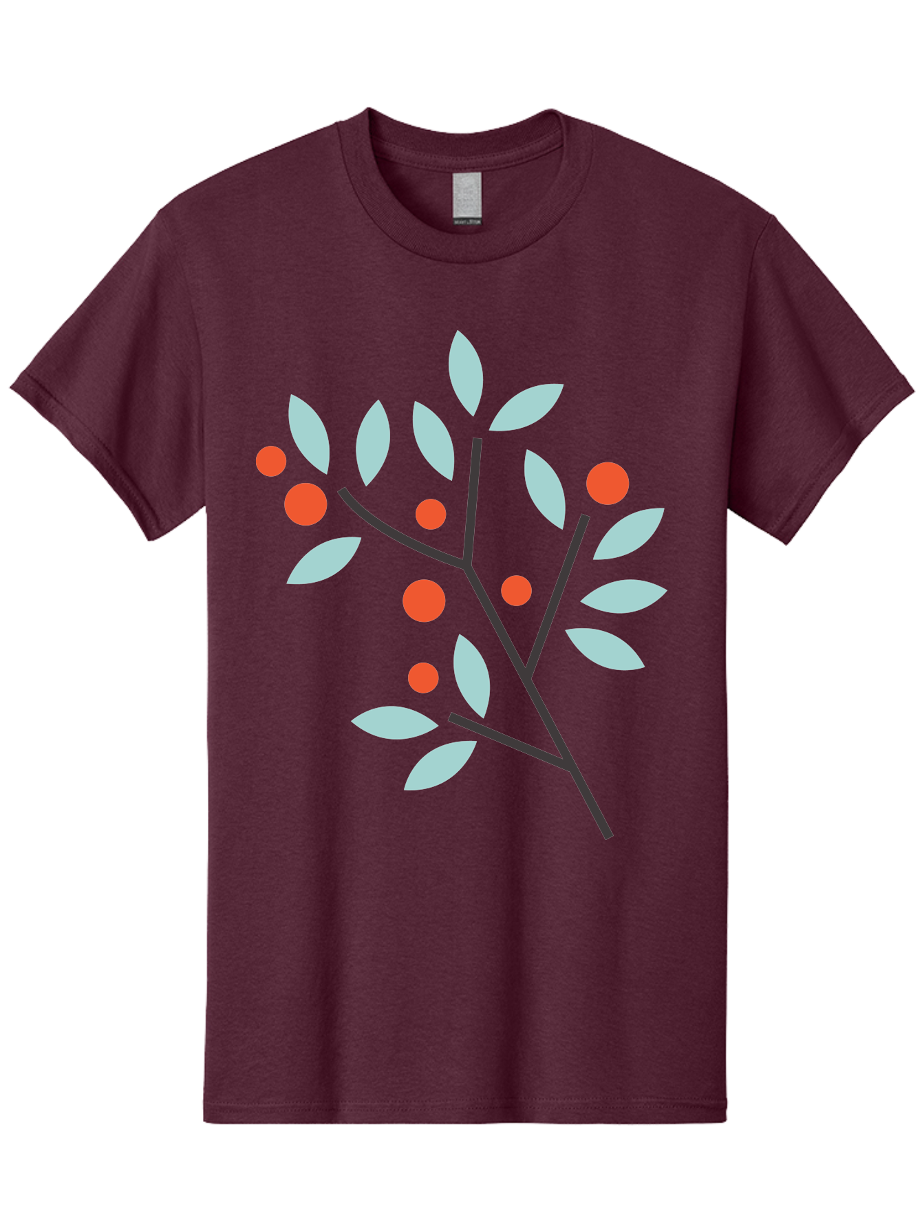 Branch-With-Leaves-And-Berries Men'S Graphic Tee, 100% Cotton, Comfortable Casual Summer Wear, Machine Washable, Simple Branch, Red Berries, Light Blue Leaves, Black Branches, Minimalist Design, Flat Illustration, Nature-Inspired Art, Aac542