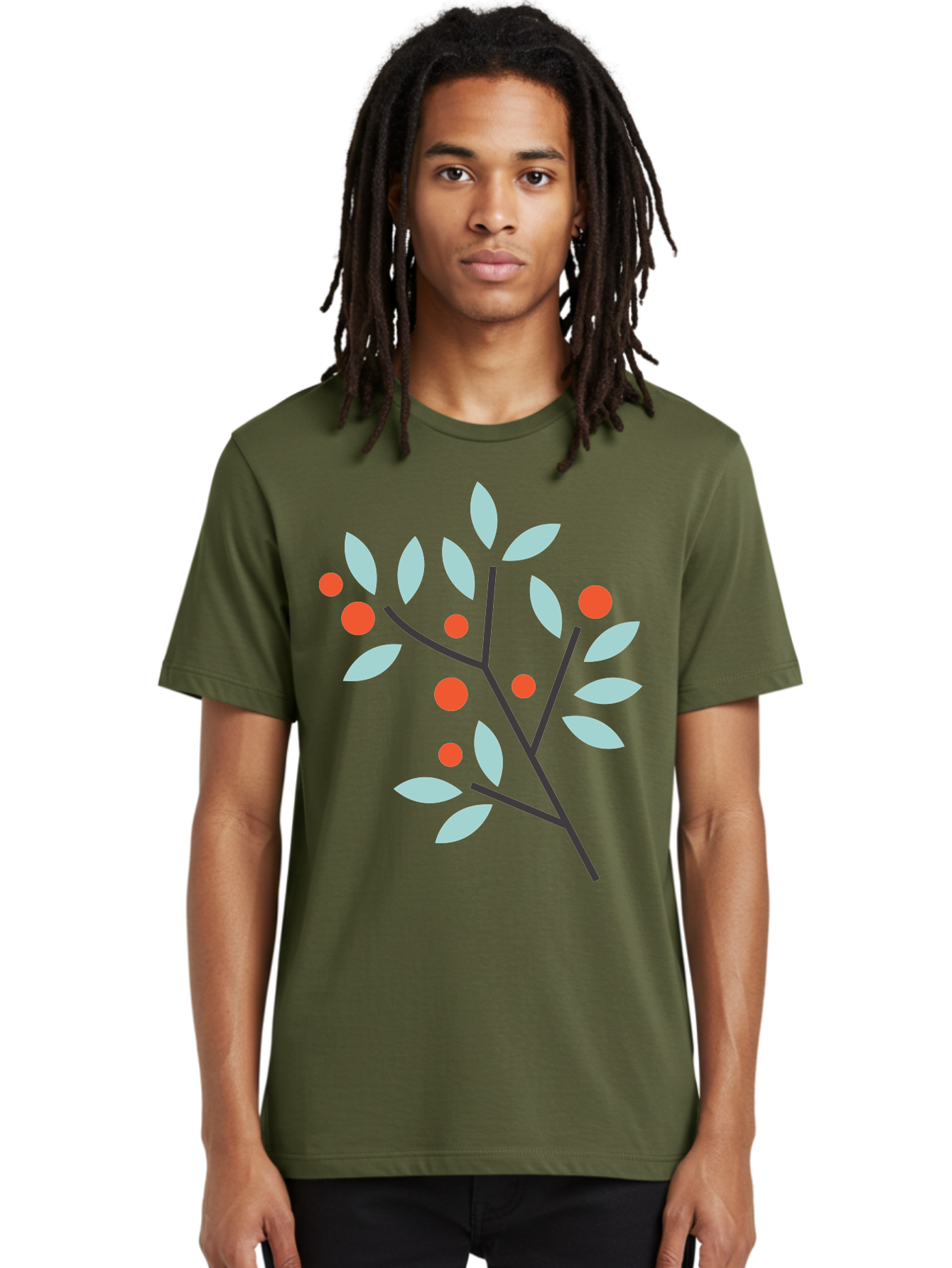 Branch-With-Leaves-And-Berries Men'S Graphic Tee, 100% Cotton, Comfortable Casual Summer Wear, Machine Washable, Simple Branch, Red Berries, Light Blue Leaves, Black Branches, Minimalist Design, Flat Illustration, Nature-Inspired Art, Aac542