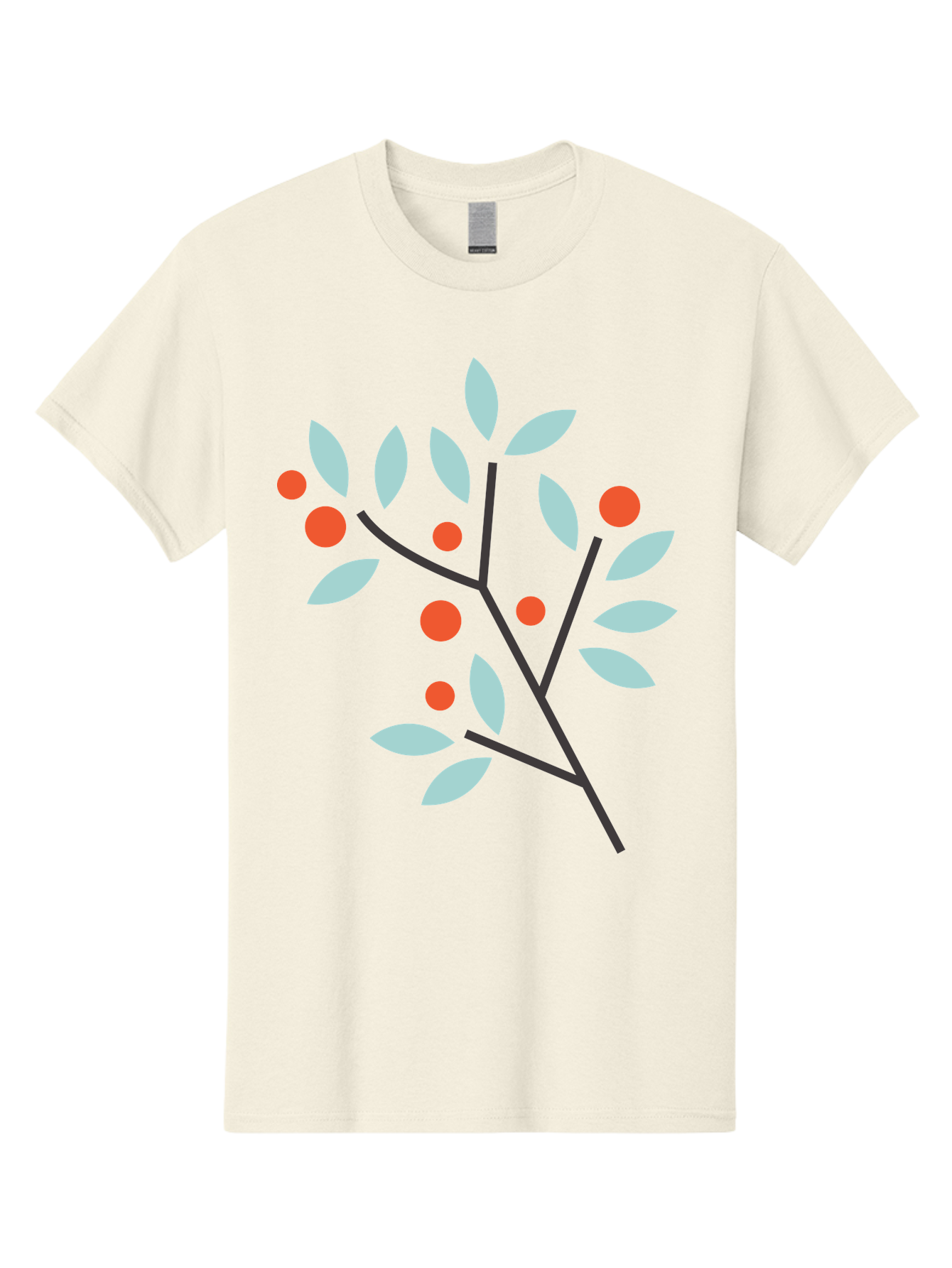Branch-With-Leaves-And-Berries Men'S Graphic Tee, 100% Cotton, Comfortable Casual Summer Wear, Machine Washable, Simple Branch, Red Berries, Light Blue Leaves, Black Branches, Minimalist Design, Flat Illustration, Nature-Inspired Art, Aac542