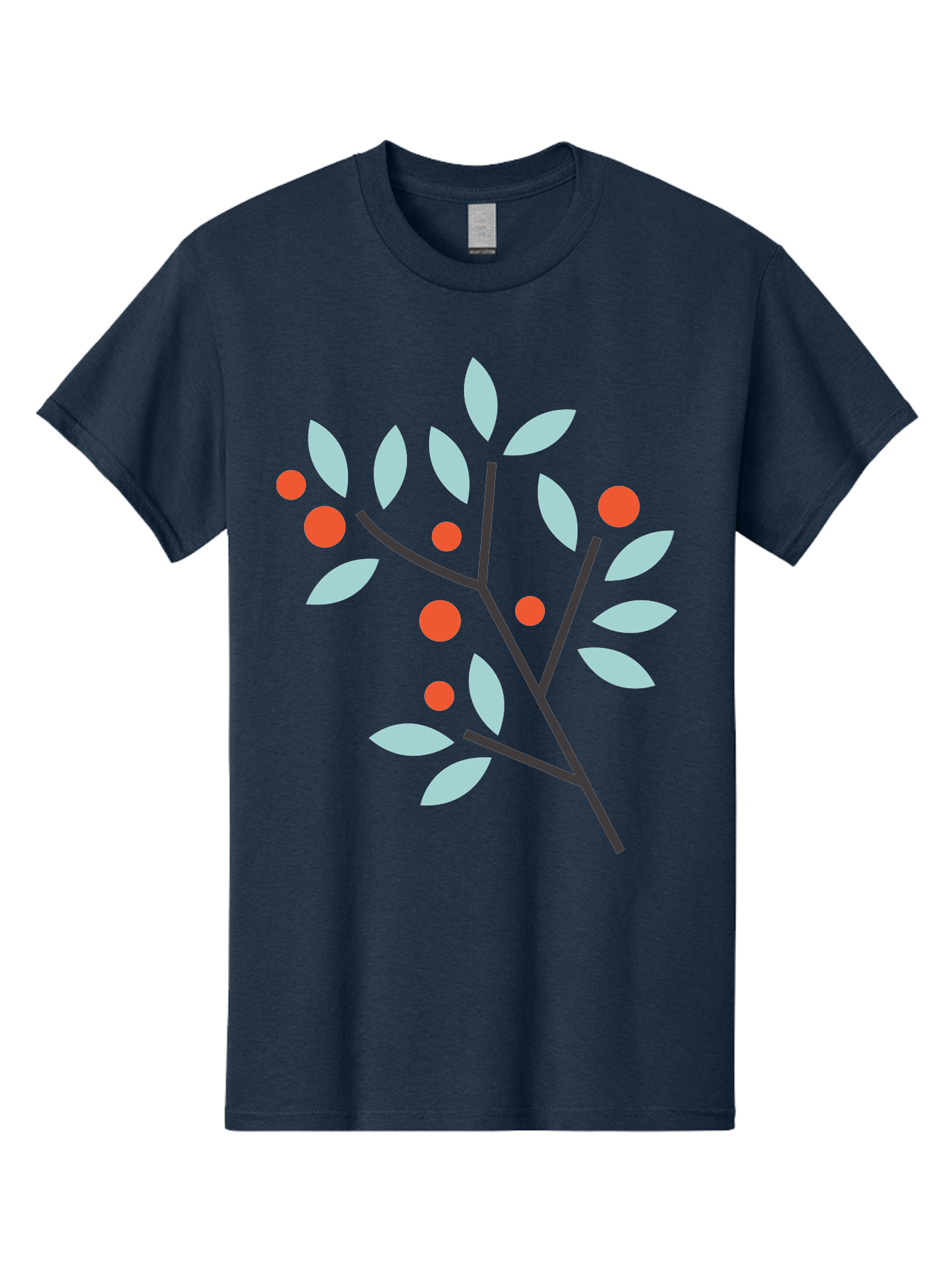 Branch-With-Leaves-And-Berries Men'S Graphic Tee, 100% Cotton, Comfortable Casual Summer Wear, Machine Washable, Simple Branch, Red Berries, Light Blue Leaves, Black Branches, Minimalist Design, Flat Illustration, Nature-Inspired Art, Aac542