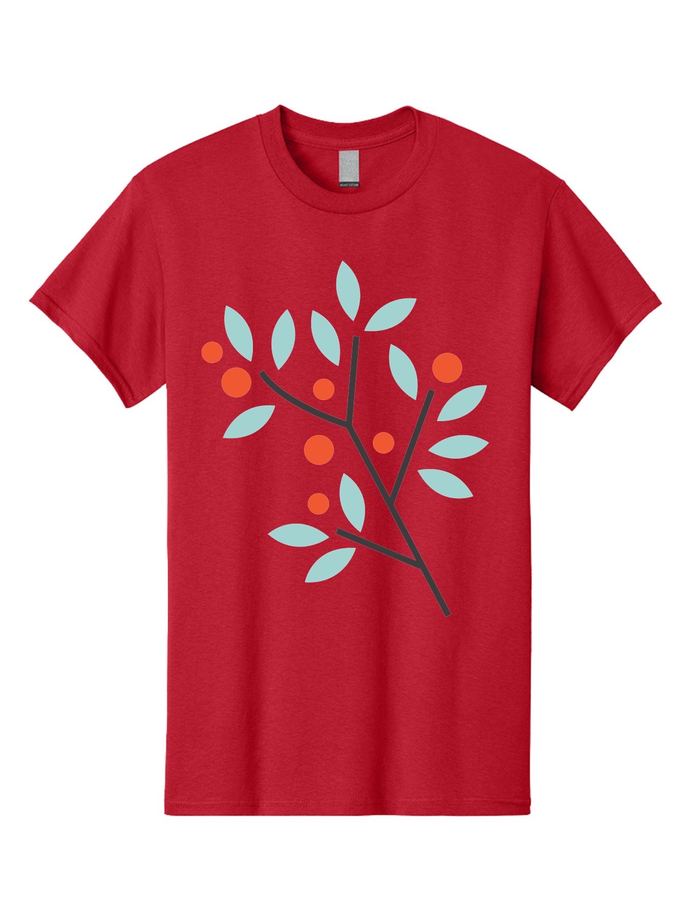 Branch-With-Leaves-And-Berries Men'S Graphic Tee, 100% Cotton, Comfortable Casual Summer Wear, Machine Washable, Simple Branch, Red Berries, Light Blue Leaves, Black Branches, Minimalist Design, Flat Illustration, Nature-Inspired Art, Aac542