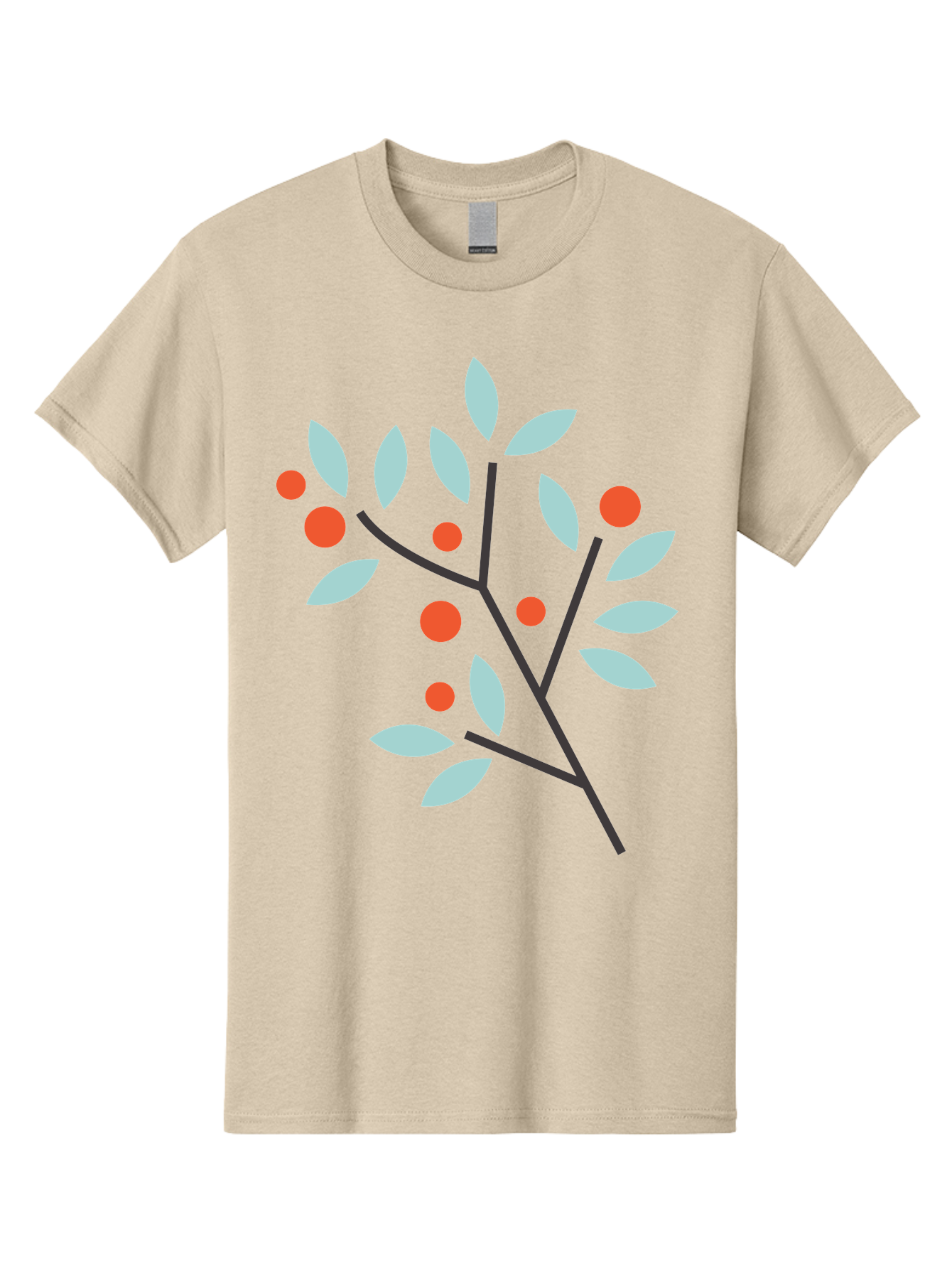 Branch-With-Leaves-And-Berries Men'S Graphic Tee, 100% Cotton, Comfortable Casual Summer Wear, Machine Washable, Simple Branch, Red Berries, Light Blue Leaves, Black Branches, Minimalist Design, Flat Illustration, Nature-Inspired Art, Aac542