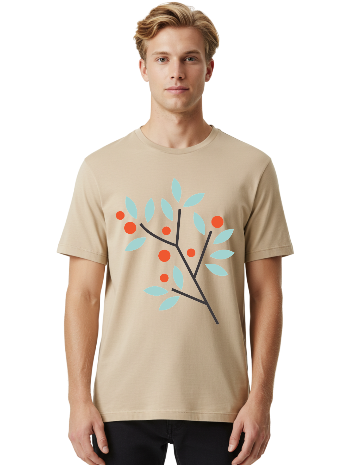 Branch-With-Leaves-And-Berries Men'S Graphic Tee, 100% Cotton, Comfortable Casual Summer Wear, Machine Washable, Simple Branch, Red Berries, Light Blue Leaves, Black Branches, Minimalist Design, Flat Illustration, Nature-Inspired Art, Aac542