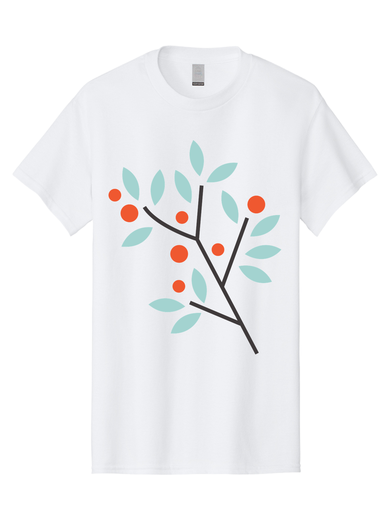 Branch-With-Leaves-And-Berries Men'S Graphic Tee, 100% Cotton, Comfortable Casual Summer Wear, Machine Washable, Simple Branch, Red Berries, Light Blue Leaves, Black Branches, Minimalist Design, Flat Illustration, Nature-Inspired Art, Aac542